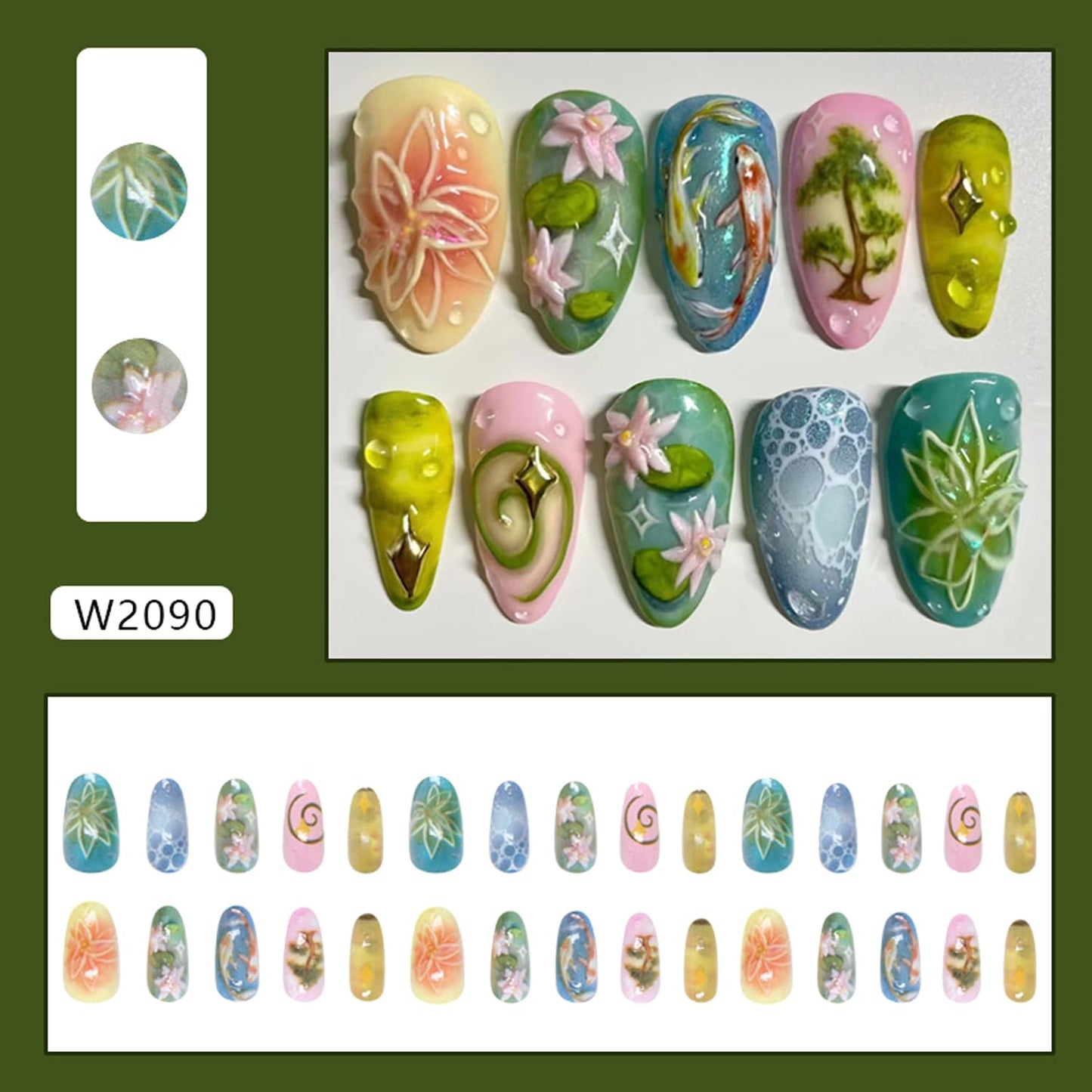 30Pcs Lotus Flower Press on Nails Medium Almond Fake Nails with 3D Koi Fish Lotus Leaf Design Star False Nails Natural Floral Glue on Nail Glossy Full Cover Spring Summer Artificial Nails for Women