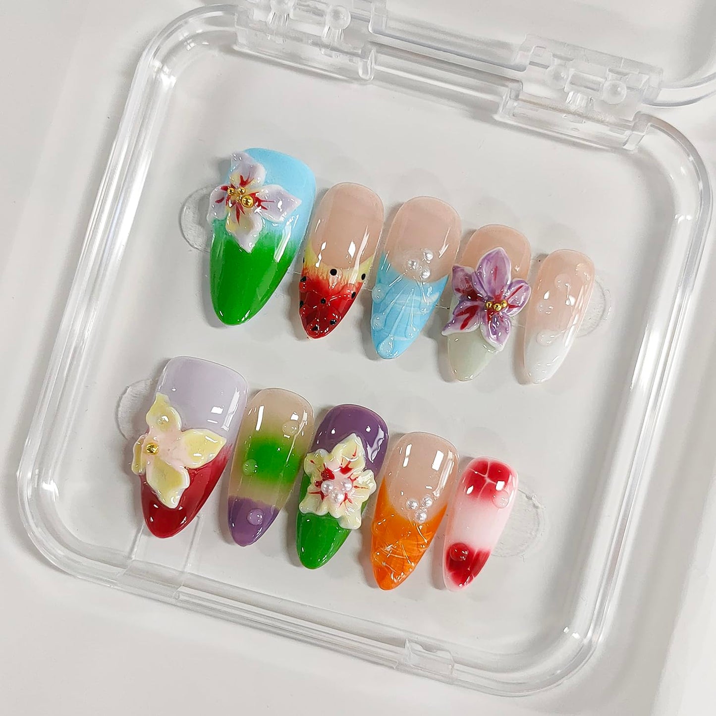 Handmade Press on Nails Almond Medium 3D Floral French Tip Thick Acrylic Fake Nails False Nails with Flower Polka Dots Pearls Designs Colorful Sturdy Nail Art Press on Nails 10Pcs(M)