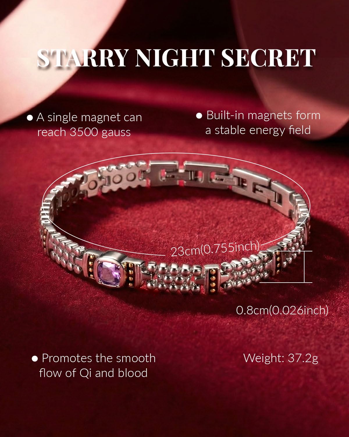 RainSo Women's Magnetic Bracelets Stainless Steel Purple Gemstone Crystal Inlaid Design Adjustable Sizing Tool with Display Box (Silver)