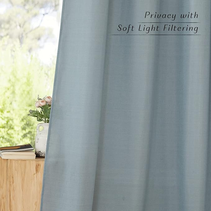 NICETOWN Flax Semi Sheer Stone Blue Linen Curtains for Living Room, Grommet Vertical Drapes Thick Linen Curtains Privacy Added with Light Filtering for Villa/Bedroom, W55 x L96, 1 Pair