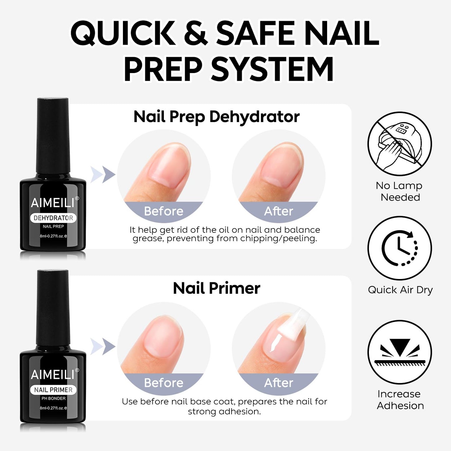 AIMEILI Gel Nail Polish 4pcs, Hema Free, Cruelty Free, Vegan, U V LED Nail Art - Base Coat, No Wipe Top Coat, Nail Dehydrator and Primer