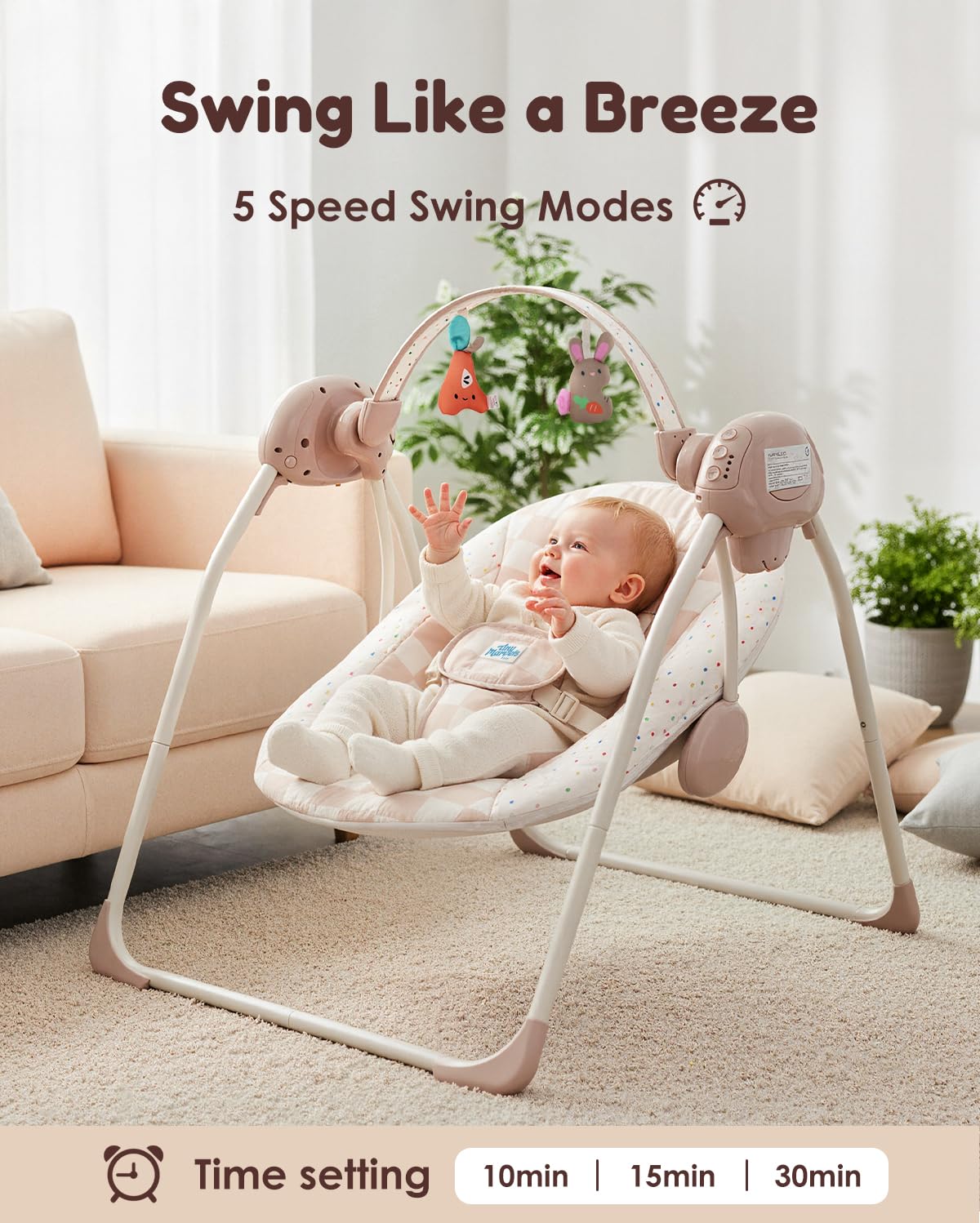 Baby Swings for Infants, Tiny Marvels Portable Swing with Adaptable Speed, Music, Removable-Toy-Bar, Foldable Infant Swing for Indoor and Outdoor Use, 0-9 Months 6-20 lbs(Sander Checker)