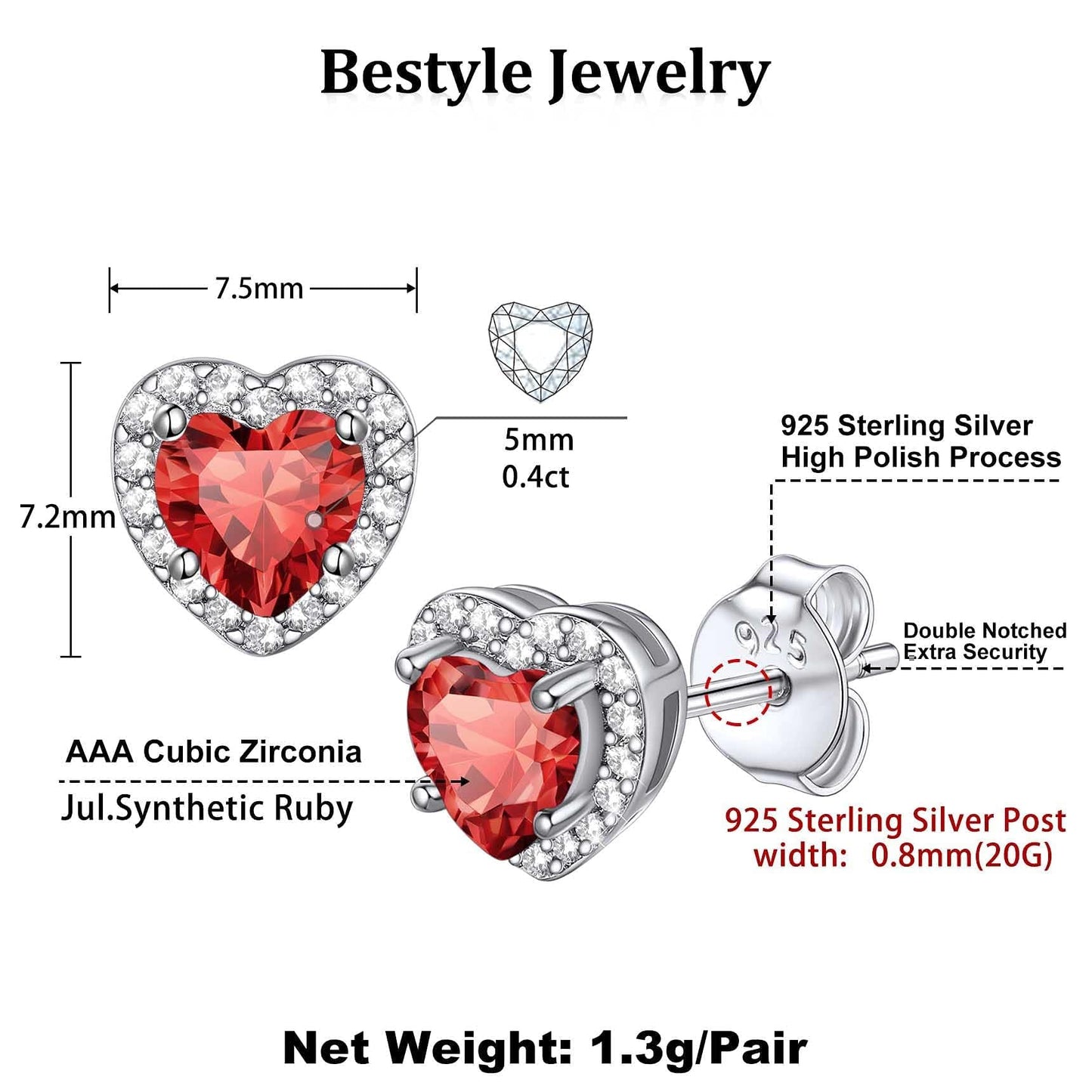 Bestyle 925 Sterling Silver Love Heart Cut Cubic Zirconia Stud Earrings, Brilliant Created July Ruby CZ Birthstone Earrings for Women