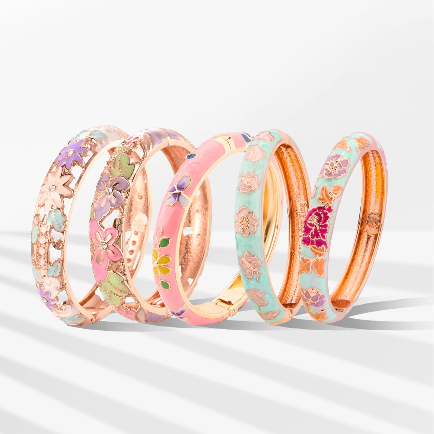UJOY Bangles 5 Pcs Enamel Jewelry Set Rose Gold Flower Engraved Cloisonne Bracelets Pack in a Box 5PCS green pink white