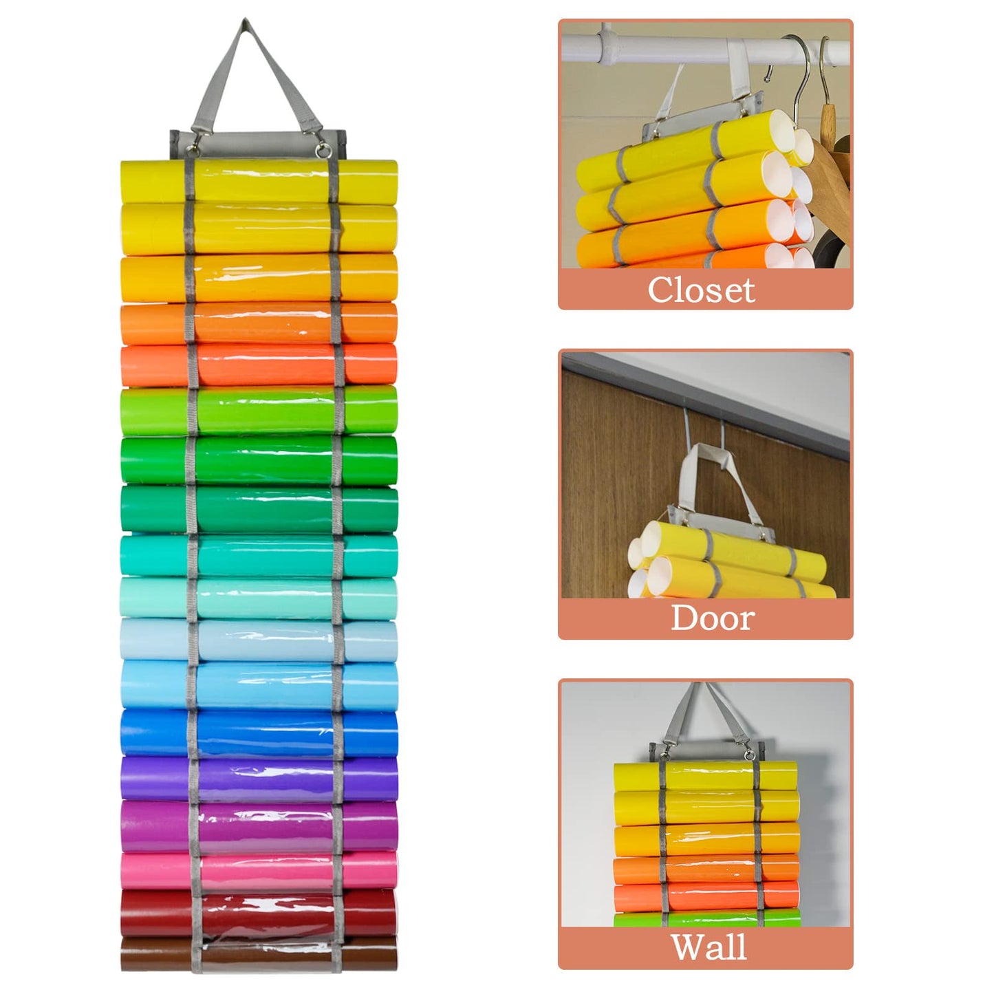 Tunnkit Vinyl Roll Holder - 36 Compartments Vinyl Storage Organizer with 7 Mesh Pockets Storage, Wall Mount/Over The Door Vinyl Roll Storage, with 2 Hooks and 2 Hanging Straps (Grey)