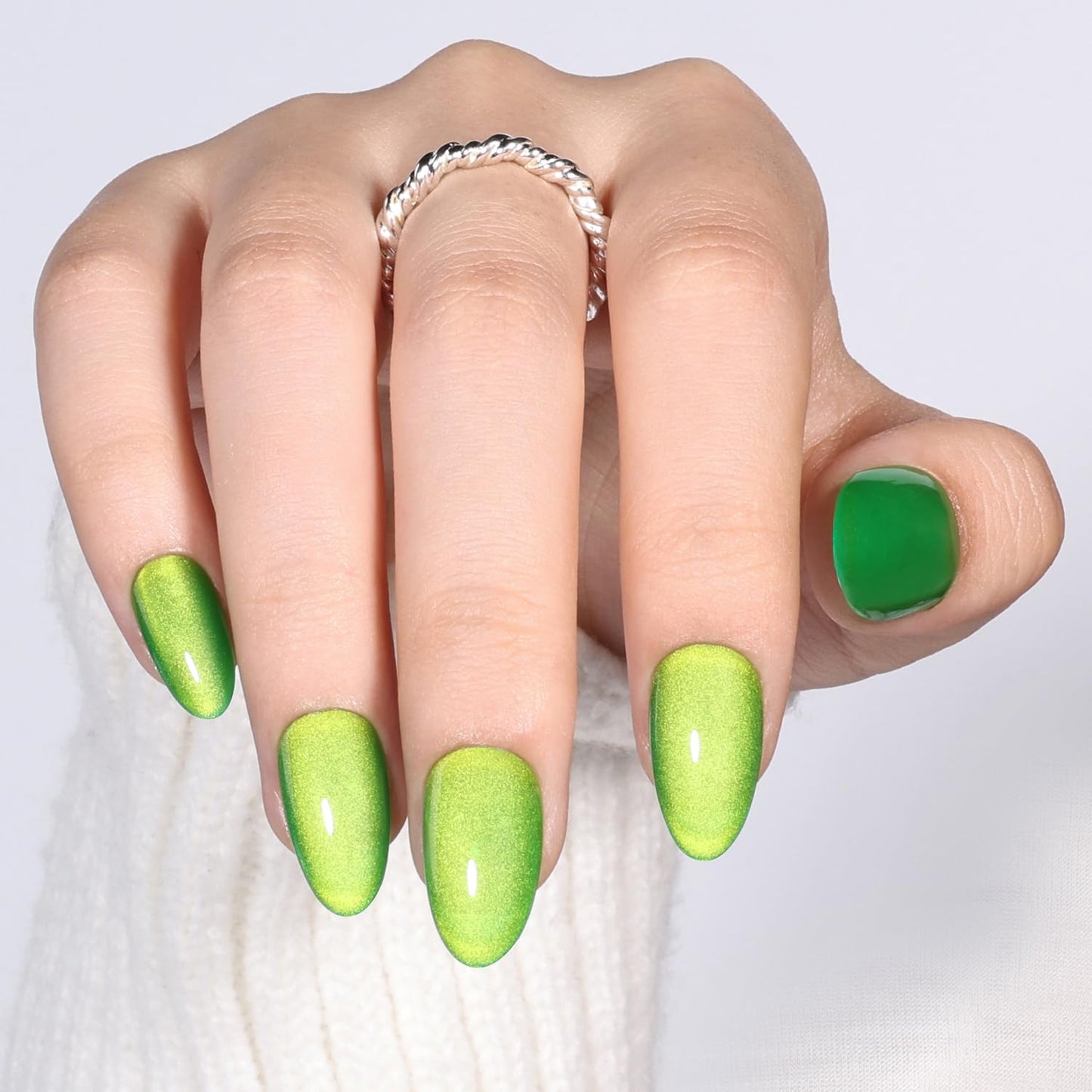 Leefrei Green Cat Eye Press On Nails - Glossy Short Almond Press on Nails Shamrock Nails Press Ons for Women DIY Fake Nails Kit with Glue, Reusable Glue on Nails Short in 16 Sizes - 32pcs, Jade Green