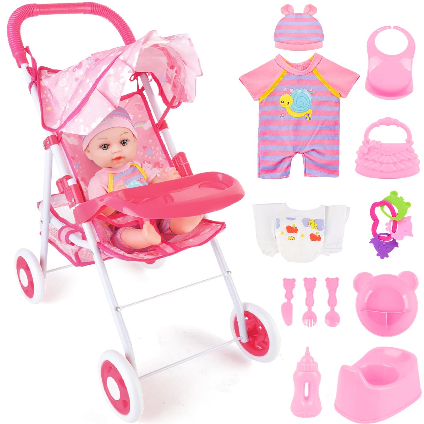 deAO Baby Doll Stroller 12" Baby Doll Set with Foldable Stroller 15 PCS Accessories for Toddlers 3-5 Christmas Birthday Gifts