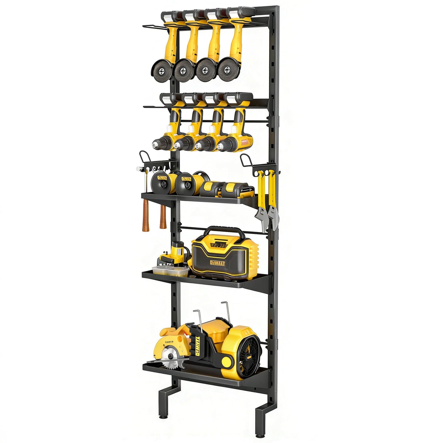 BUKFEN Garage Tool Storage Rack, Wall Mount 5-Tier Heavy Duty Metal Organizer with 8 Drill Holder Slots, Adjustable Shelves, Side Hooks Workshop Utility 1 Pack Black Vertical Space-Saving Organization