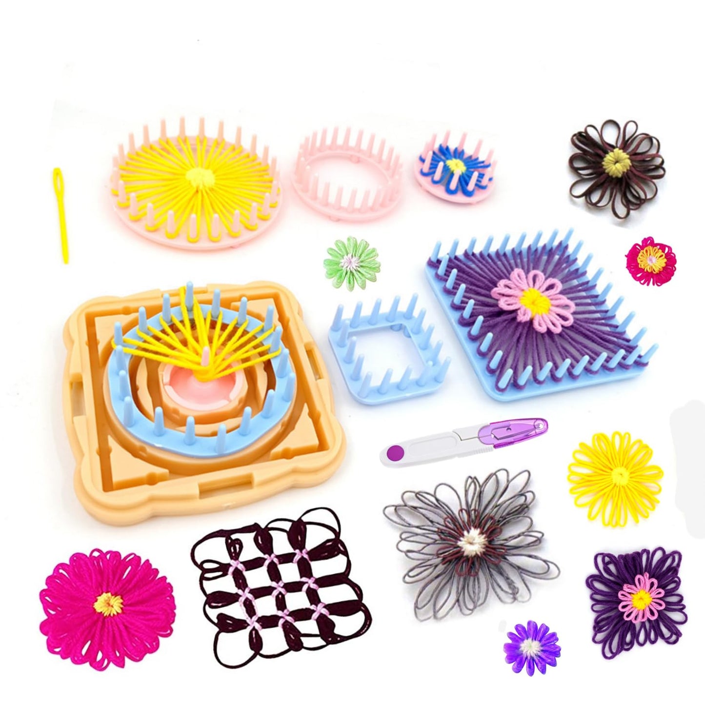 Ayasee Weaving Loom Kit, Flower Knitting Loom Kit, Frame Looms, Knitting Wool, Round/Square Knitting Looms Craft Kit Multi Color (Flower Maker + Pom Maker)