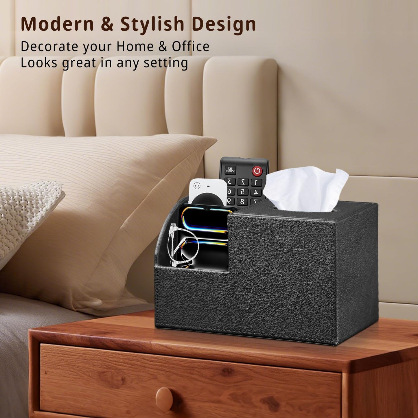PU Leather Square Tissue Box Cover - Multi-Functional Tissue Box Holder, Tissue Box Cover with Storage,Tissue and Remote Control Holder, Cube Tissue Box Organizer Bedroom Nightstand End Table