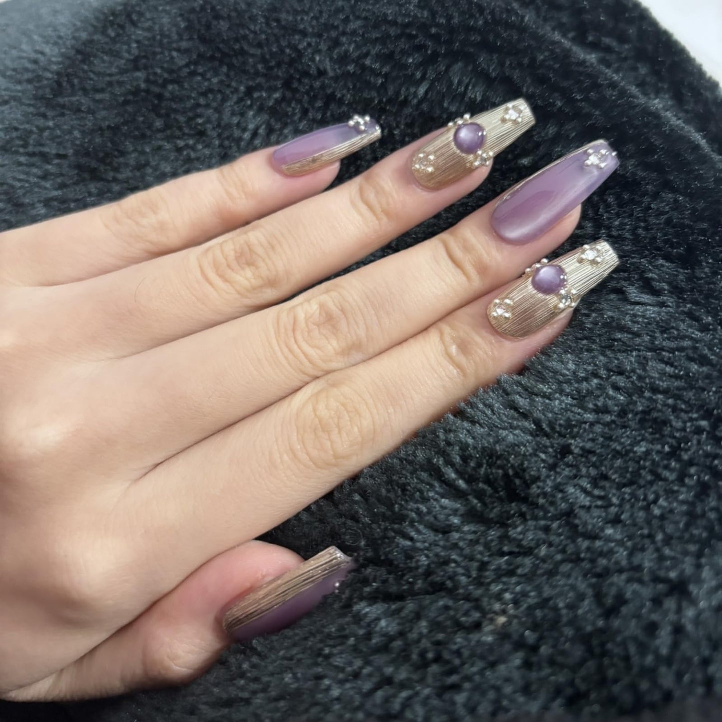 RENBING handmade press on nails short,coffin fake nails with designs,10 pcs high hardness acrylic nails press ons,3d cute false nails for women-Purple buccellati(M)