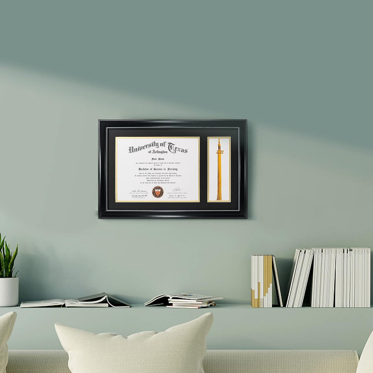GraduationMall 11x17 Black Diploma Frame with Tassel Holder for 8.5x11 Certificate Document,Real Glass, Black over Gold Mat