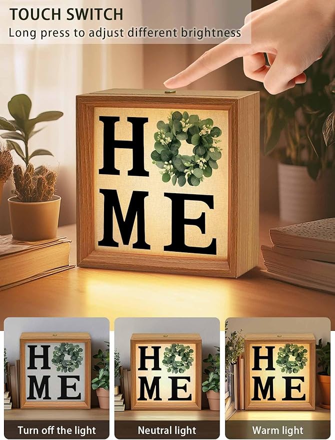 Wood Night Light Box 4.5x4.5in,Home Green Eucalyptus Leaves Garland Table Lights Wooden Picture Frame with USB Rechargeable Touch LED Lights for Home Decor Desktop Display,Retro Linen