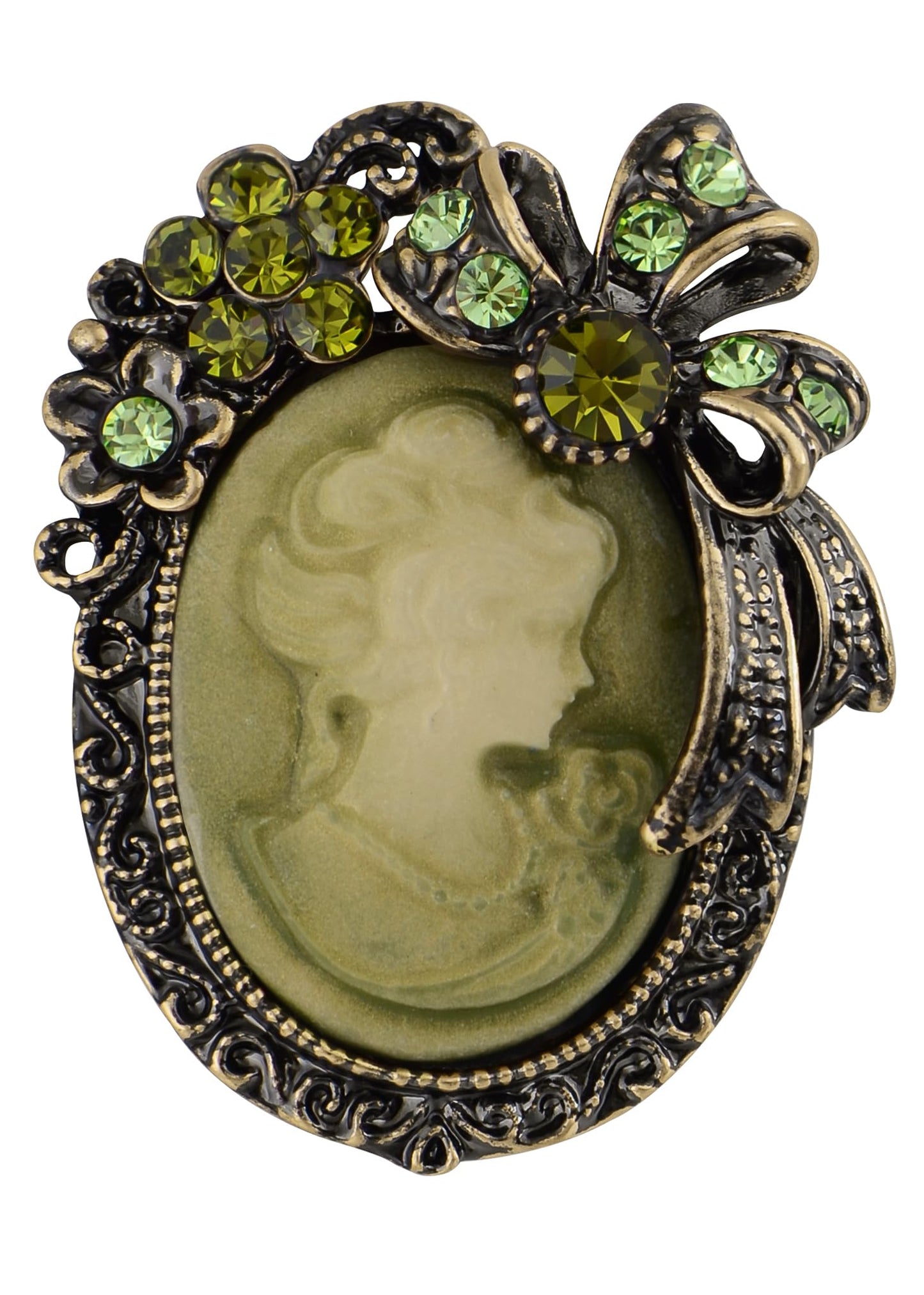 Alilang Vintage Elegant Cameo Victorian Lady Maiden Crystal Rhinestone Pin Brooch, Green
