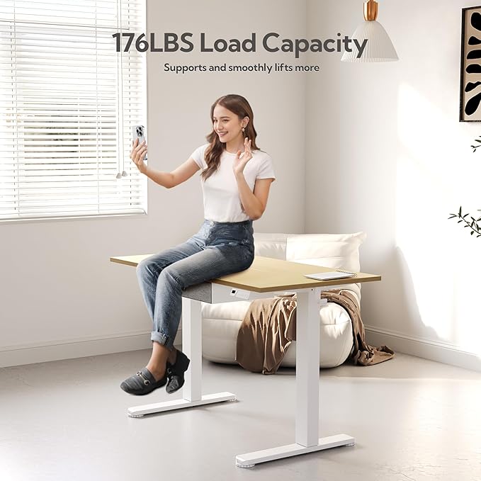 Seang Standing Desk with Drawer, 55" x 24" Height Adjustable Stand Up Desk, 3 Memory Height Settings with Cable Grommets & Storage Hooks, Ideal for Home & Office, Nature