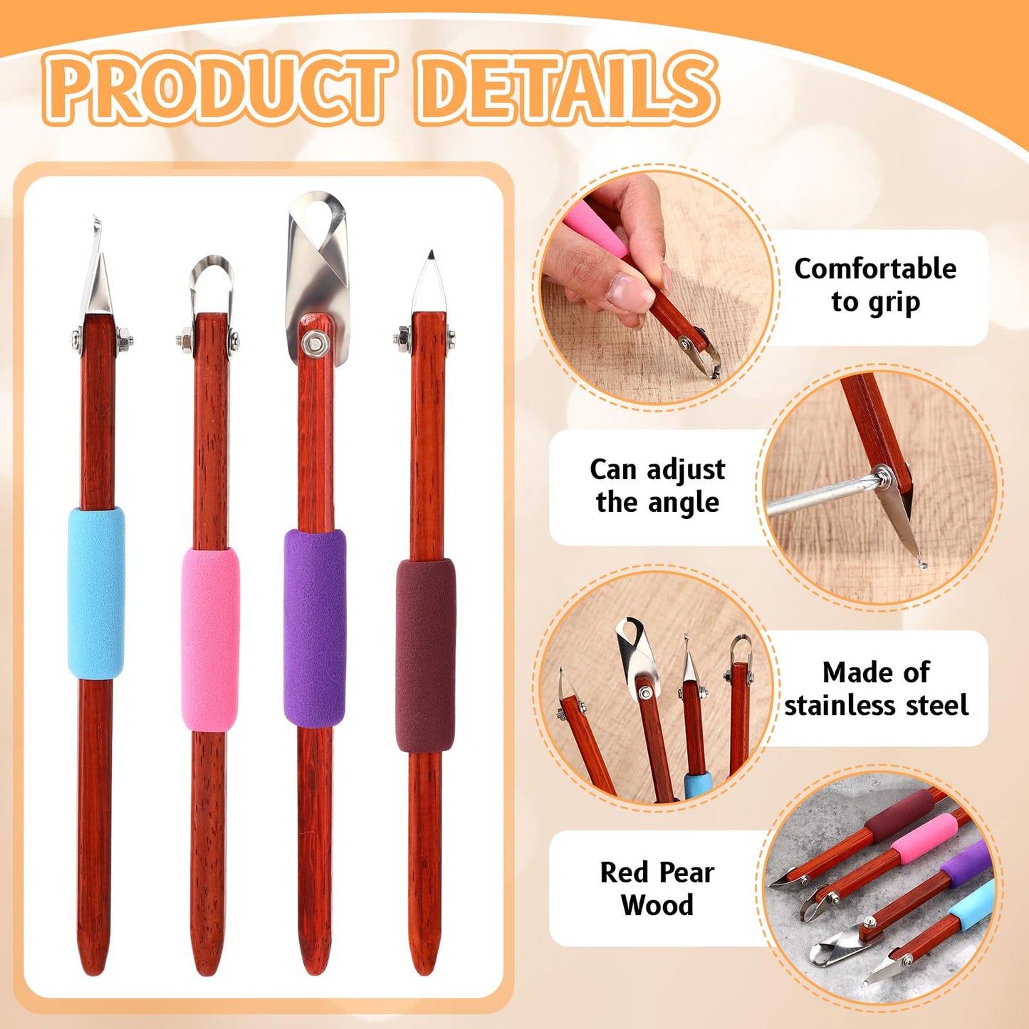 Lanties 4 Pcs Pottery Carving Tool Set Sculpture Scraper Craft Modelling Tools Red Pear Wood Texture Handle with Stainless Steel Blade for Clay Carving, Ceramic Sculpting, Graffito (Wonderful Color)