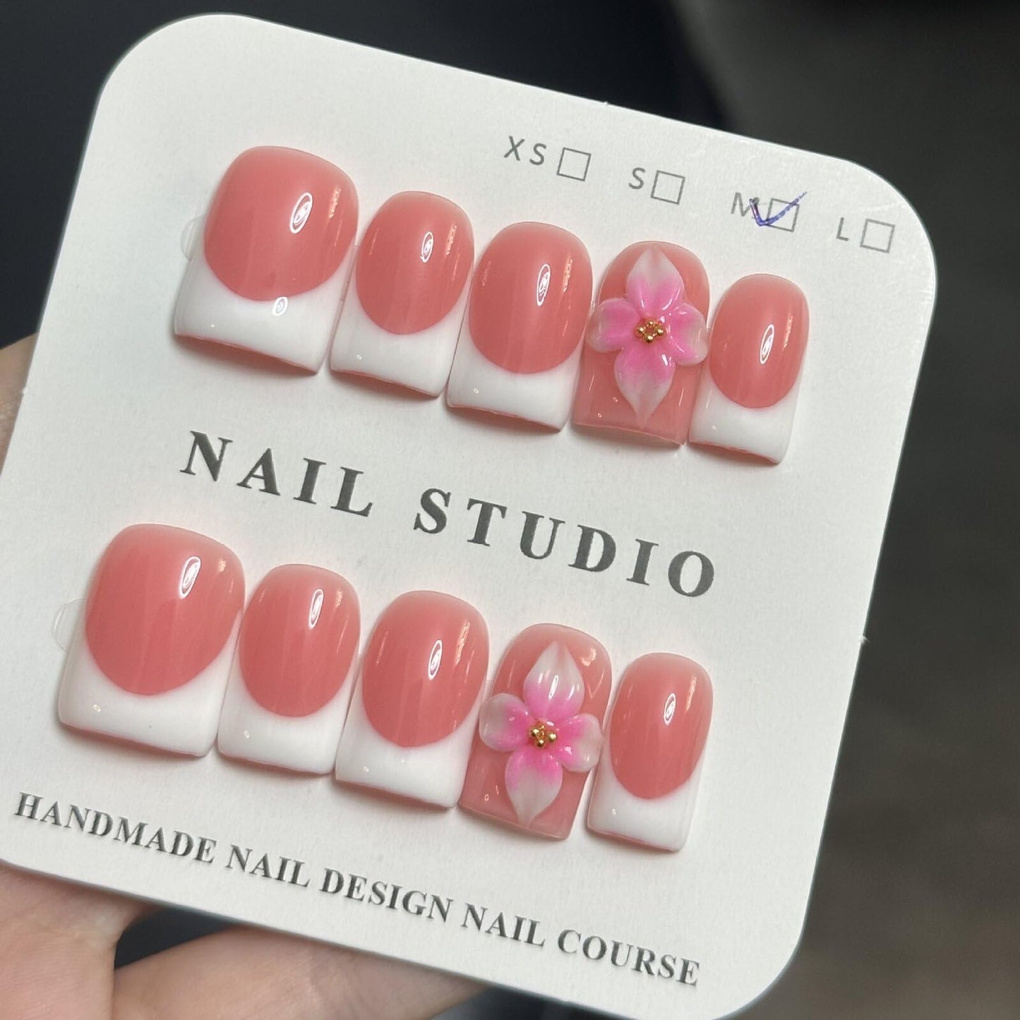 Summer Press on Nails Medium Square Pink White Handmade French Flower Glossy False Nails Easy Application Durable Comfortable Trendy Women Girls Nails Art Accessories 10 Pcs S