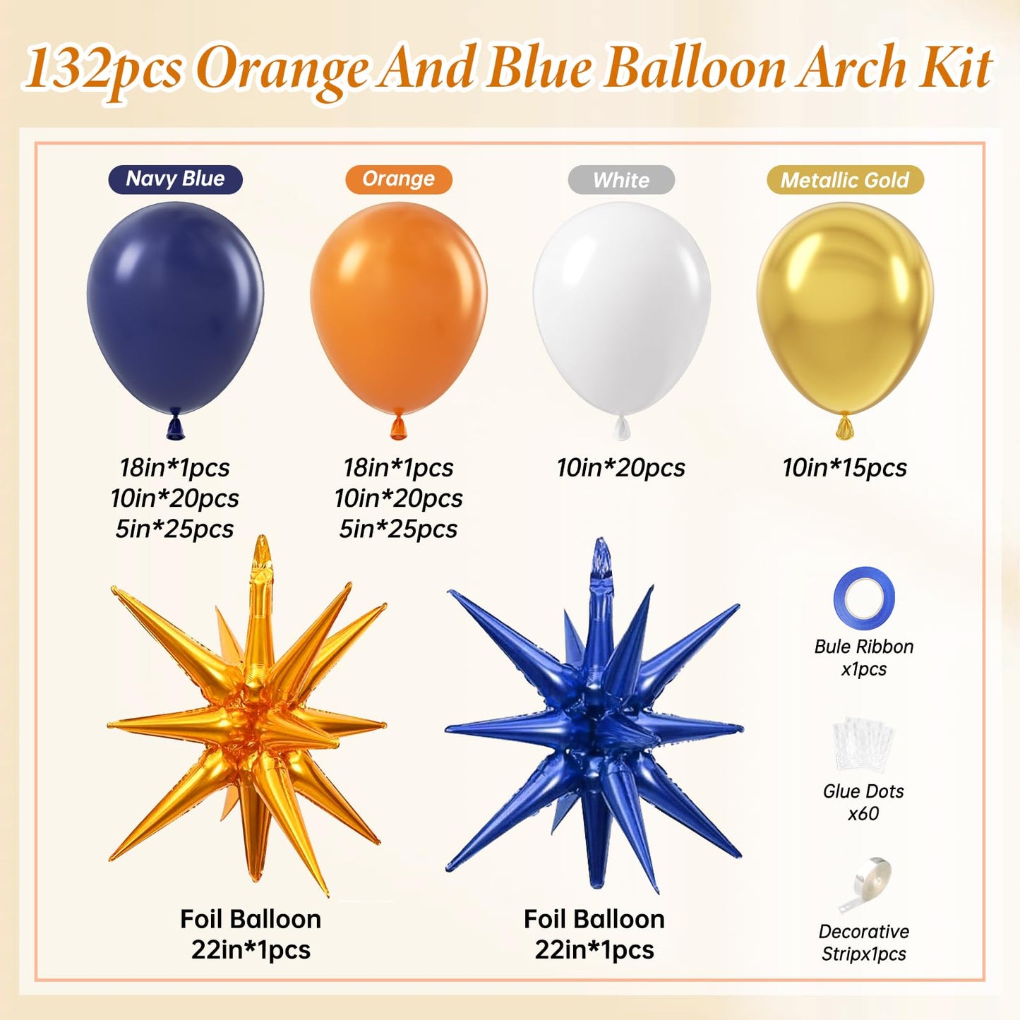 132pcs Blue and Orange Balloon Arch Garland Kit with Navy Blue Orange White Metallic Gold Balloons Foil Balloon for Birthday Party Decorations