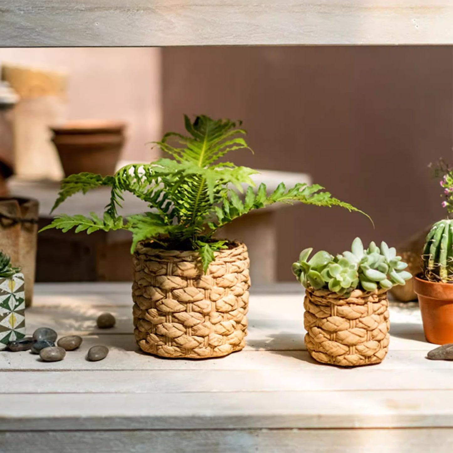 Rustic Reach Grass Woven Looking Cement Planter Large