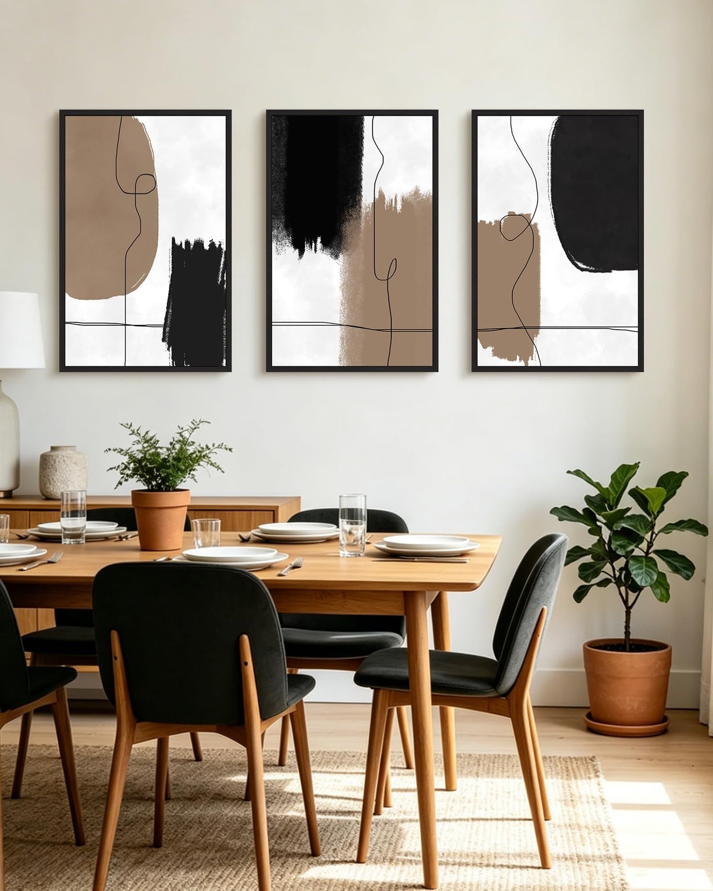 KUVIOKE Neutral Abstract Framed Wall Art Beige Mid Century Textured Wall Decor Minimalist Line Modern Illustrations Art Print Home Decor 24x36in (Black Framed)