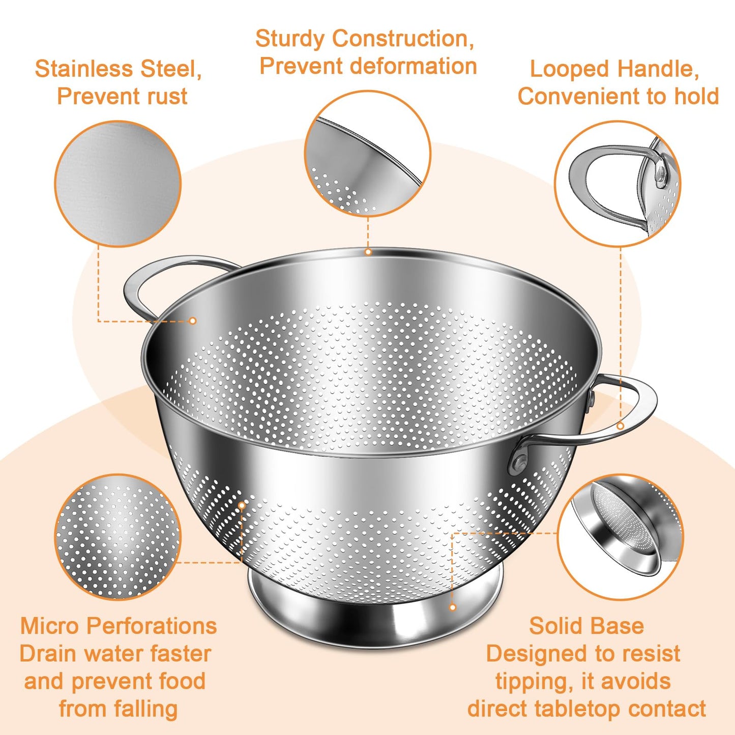 Stainless Steel Colander for Kitchen | 5 Quart Durable Rice and Pasta Strainer with Handle | Oversized Handles | Nesting Design | Rust-Resistant & Dishwasher Safe