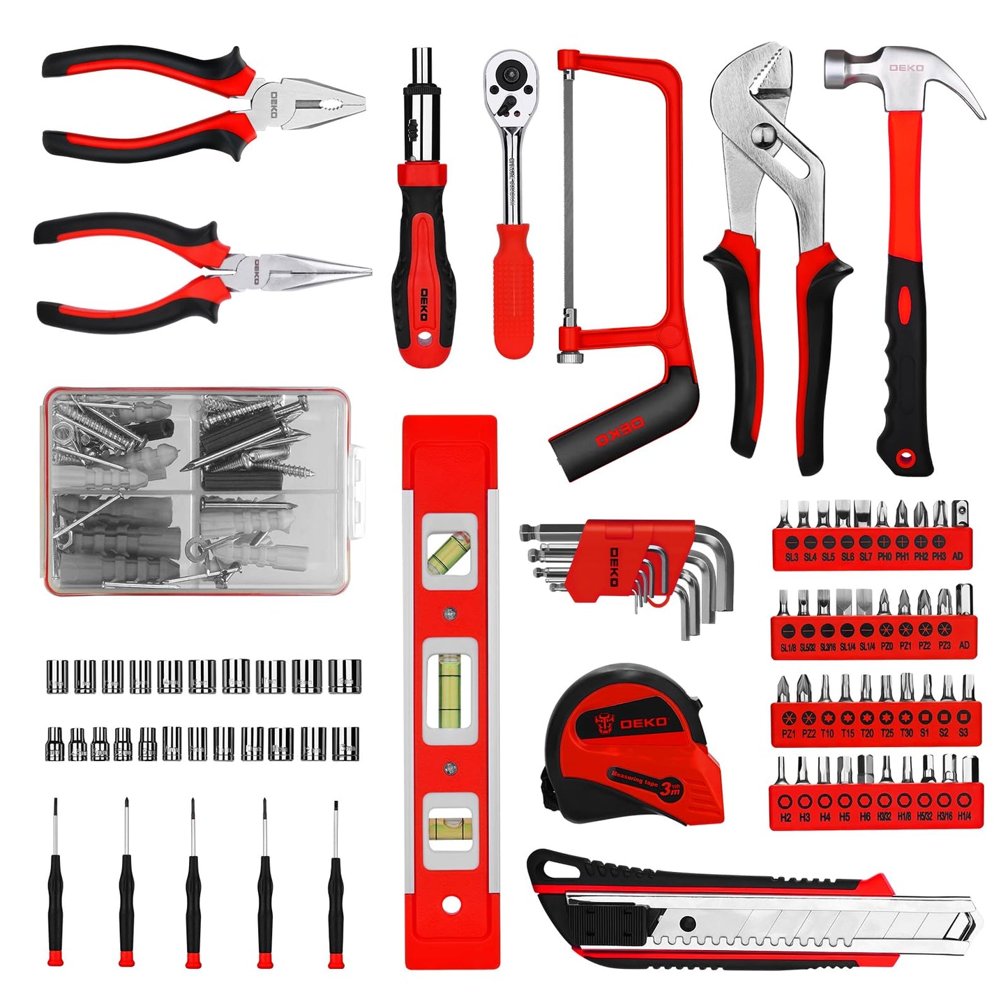 DEKOPRO Tool Set:228 Piece Home Tool Kit, Household Basic Repair Tool Set Comes with Plastic Storage Case, Socket Wrench Set for Car-Red