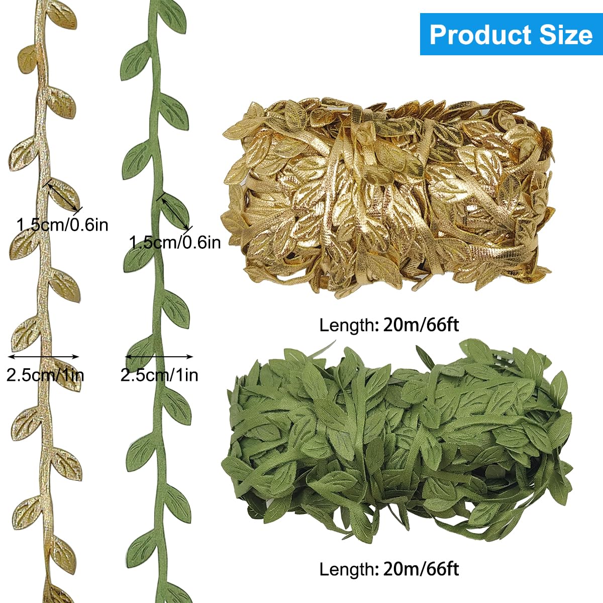 2 PCS Leaf Ribbons 43.7 Yard, lyfLux Leaves Leaf Ribbon Trim Rope, for for DIY Crafts, Wedding, Home Decor (Gold+Green)