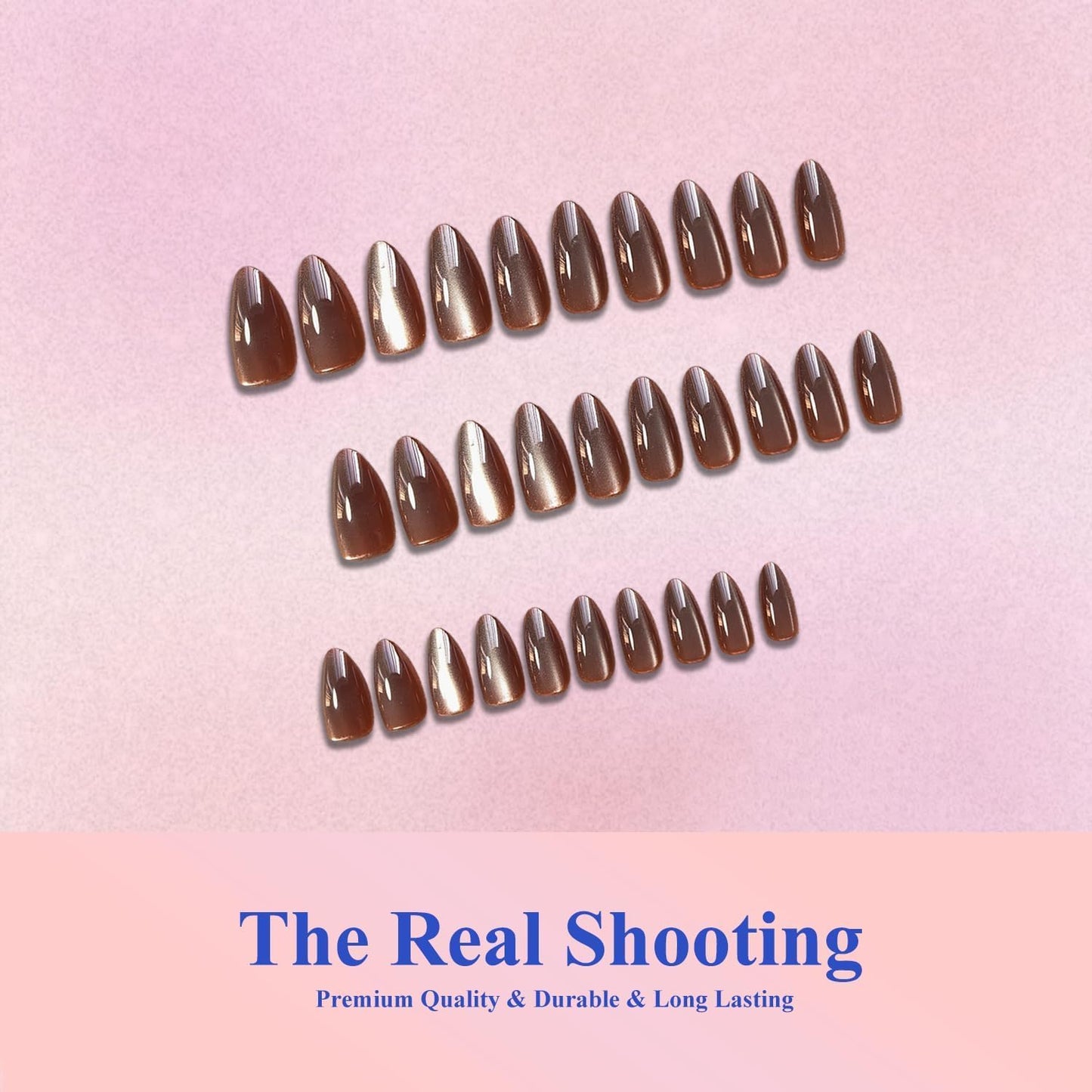 KQueenest Cat Eye Press On Nails Almond - Amber Brown Press On Nails Medium Stiletto, 30 Pcs 15 Sizes Glitter Fake Nails Press ons, Upgrade Thick Quality, Reusable Reflective Glue on Nail for Women