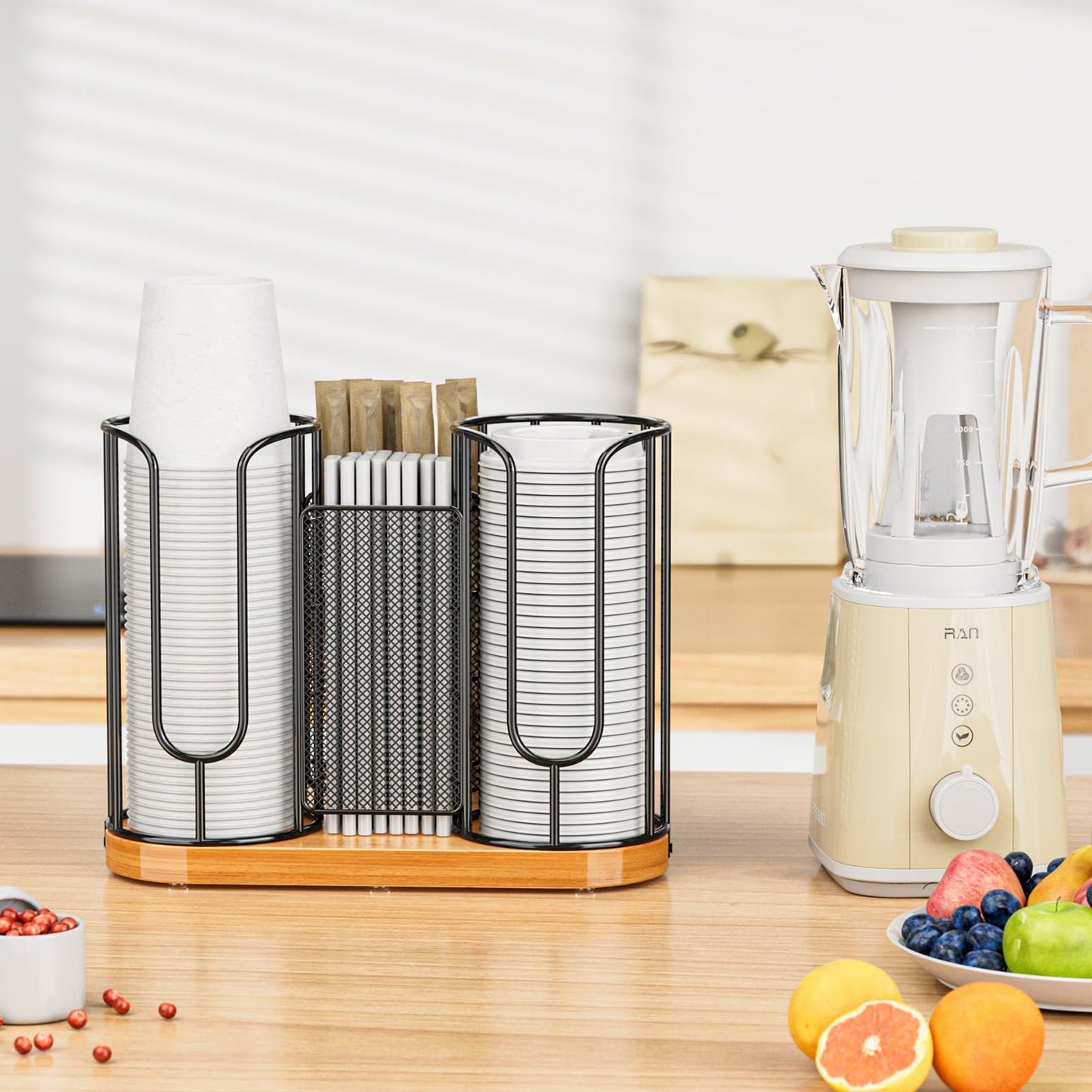 Coffee Cup and Lids Holder - Disposable Cups Straws Organizer with Wooden Base - Paper Plastic Cup Holder Dispenser Storage for Countertop Coffee Station Bar Restaurant Office Breakroom Shop Kitchen
