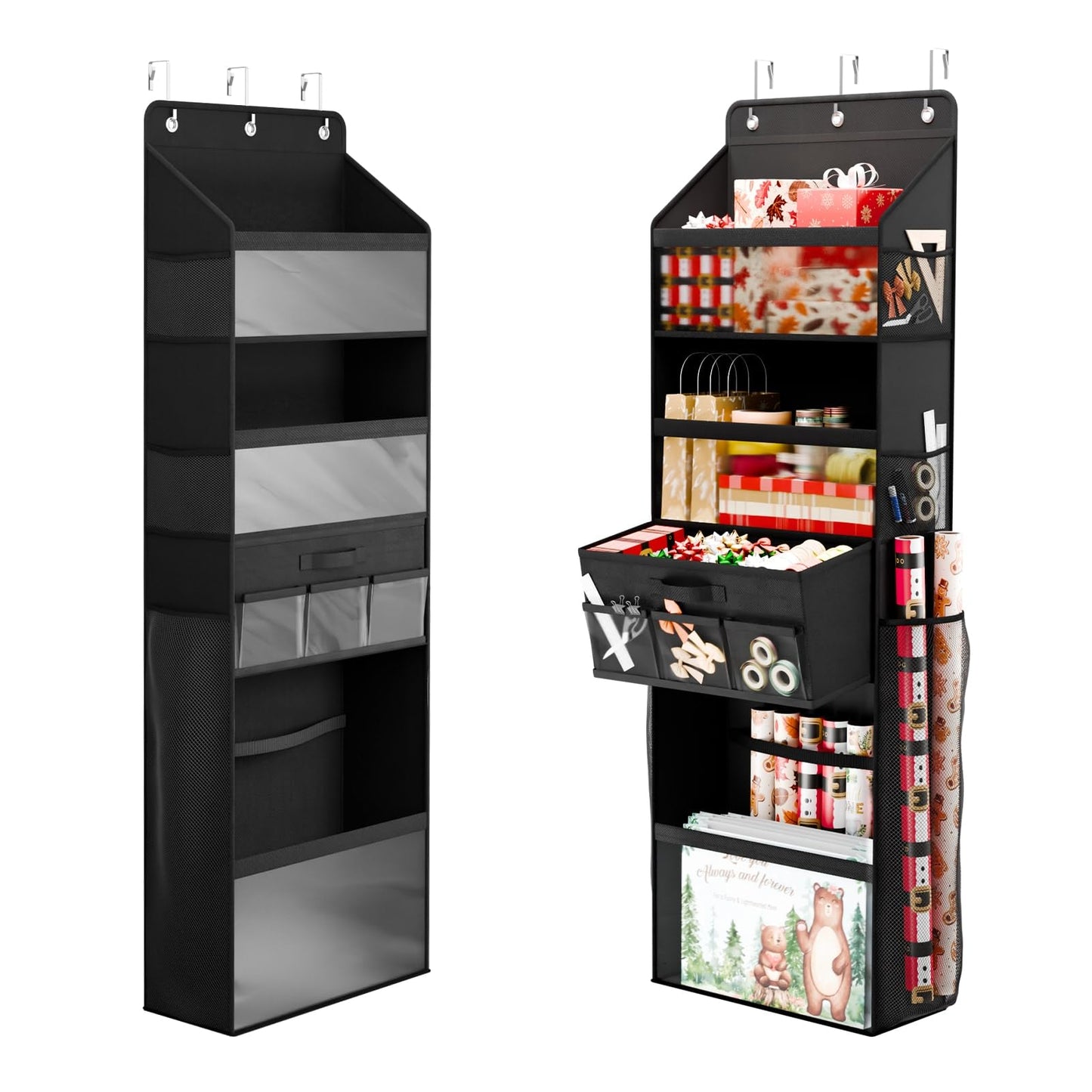 Over Door Wrapping Paper Organizer Storage with Removable Drawer & Side Pockets, Multi-Purpose Over the Door Gift Wrapping Organizer for Gift Bags, Paper, Ribbons, Bows, Ornament and Other Tools