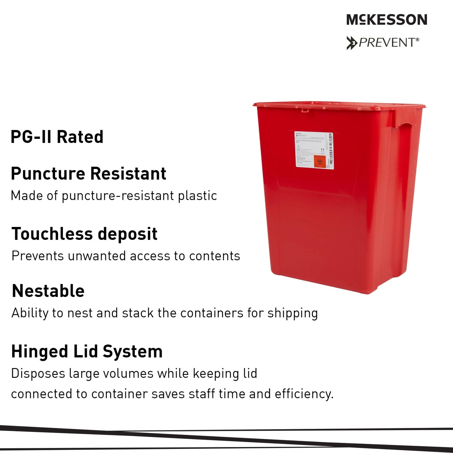 McKesson Prevent Premium Biohazard Sharps Container - Vertical Entry, Rotating Lid - Red and White, 18 gal, 13 in x 17 3/10 in x 24 3/5 in, 7 Count