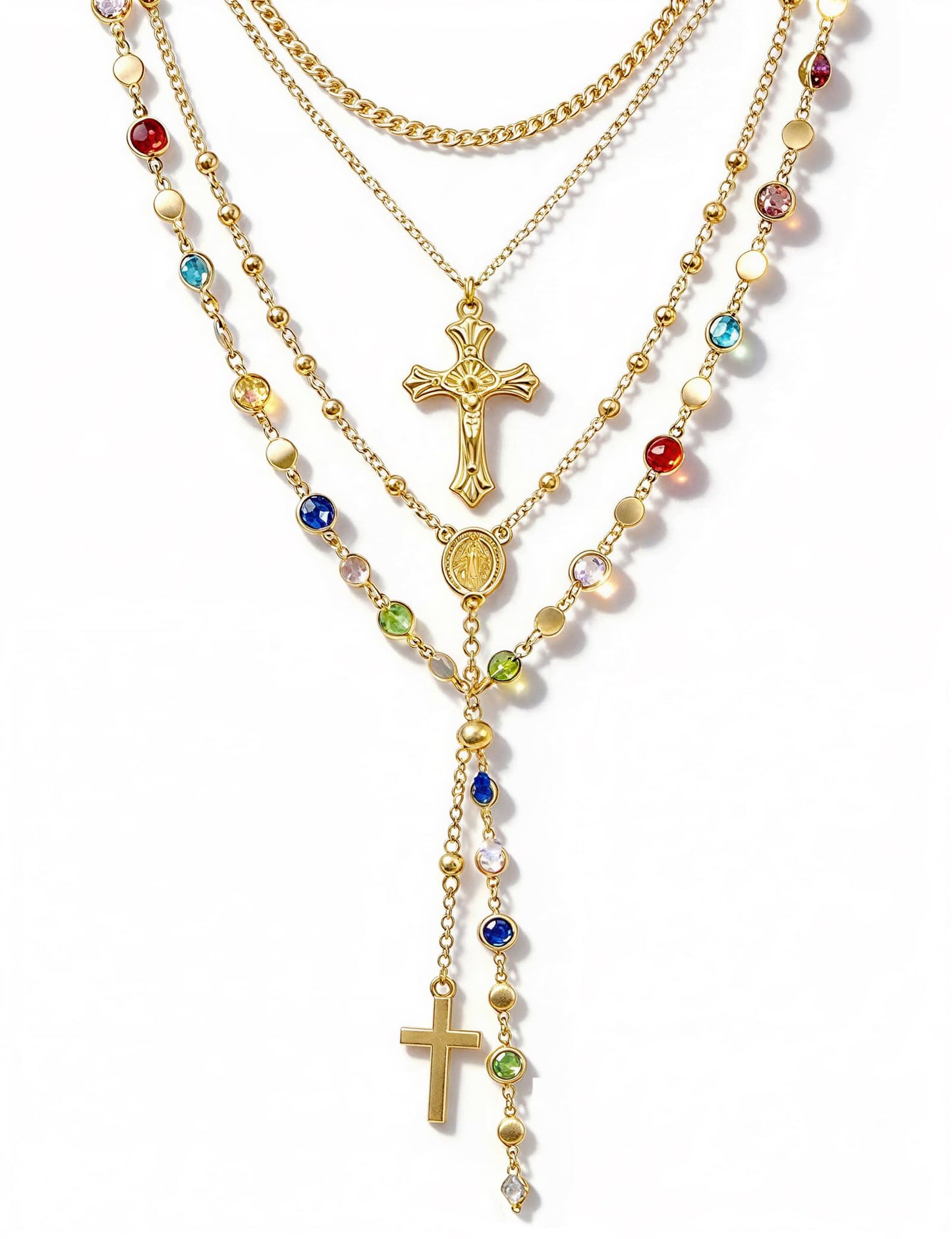 4PCS Layered Gold Cross Necklaces for Women Trendy, Bohemian Bead Pearl Y Long Pendant Necklace Set, Vintage Rosary Necklace Stack Adjustable Length