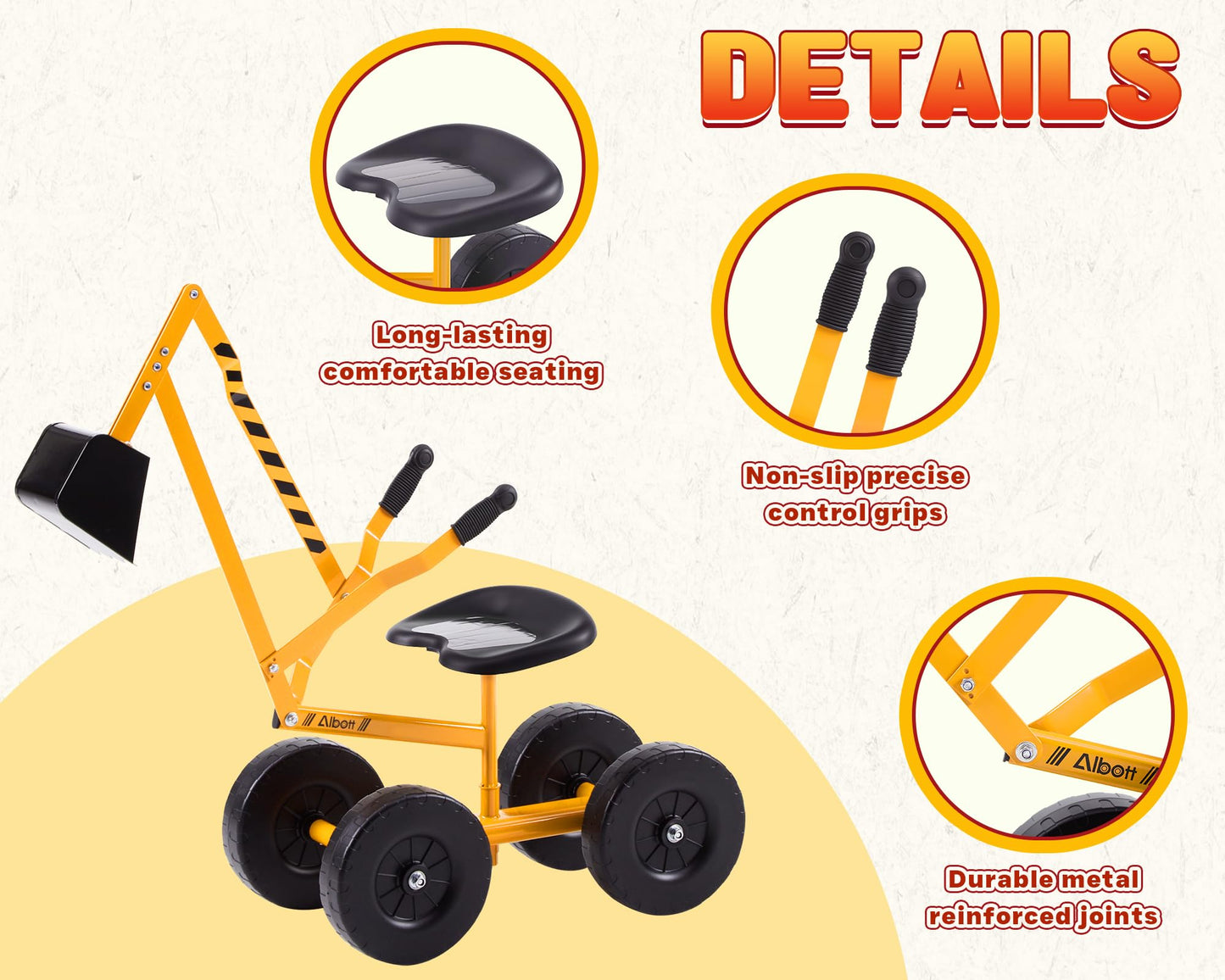 Albott Ride On Sand Digger Excavator Toys Working Crane with 8 inches Wheels and 360° Rotation Seat (Yellow)