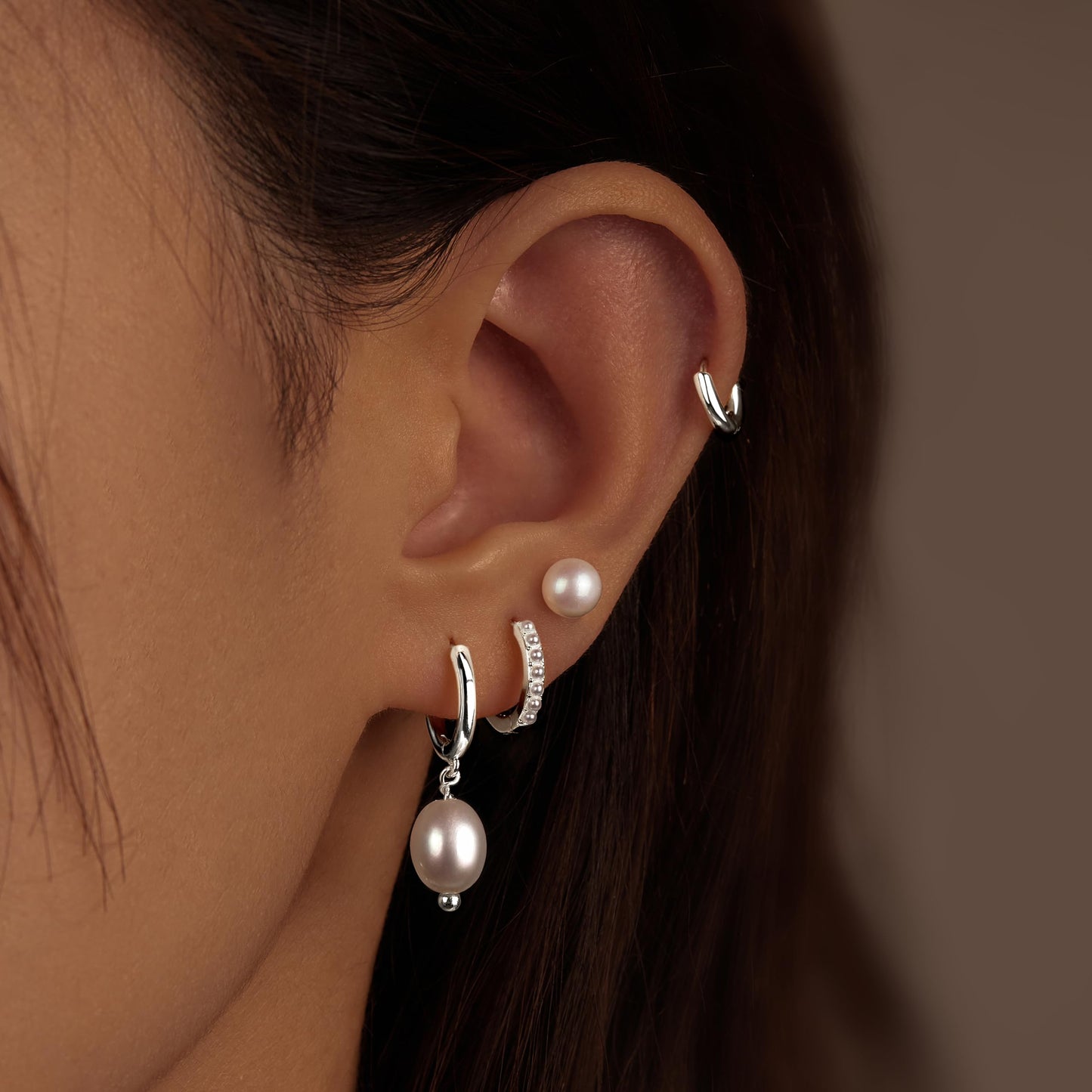 Silver Pearl Earrings for Women,Huggie Small Stack Cartilage Stud Hoop Earring Sets for Multiple Double Piercing, Conch Helix Rook Tragus Daith Piercing Silver Clip On Jewelry Set Gifts