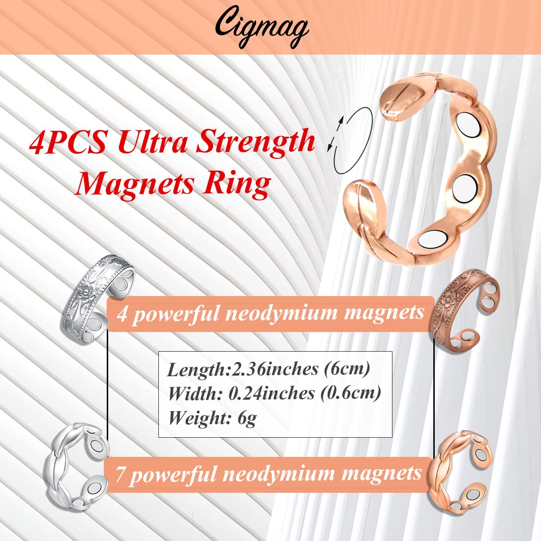 Cigmag 4PCS Copper Rings for Women Pure Copper Magnetic Ring Strong Magnet Adjustable Thumb Fingers Ring