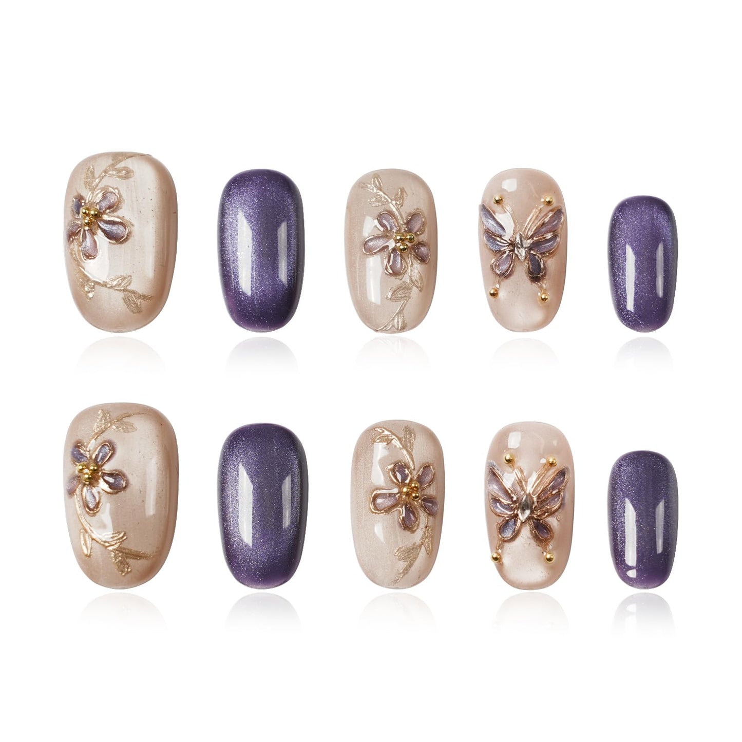 Tesytto Handmade Press on Nails Almond Shape Glossy Reusable False Nails for Nail Art (Soft Purple Gold Branch, S)