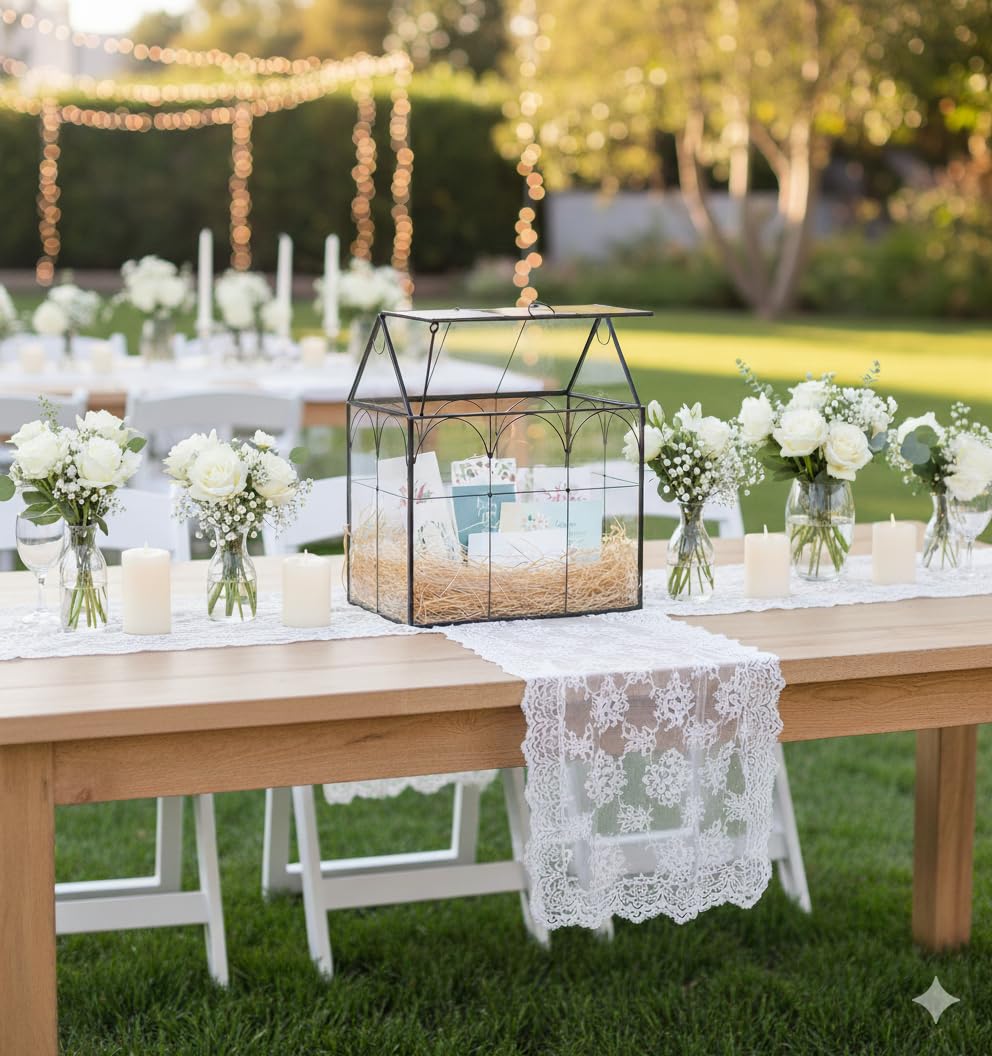 Greeting Card Storage Box for Wedding - Handmade, Arched Lid, Gold Clear Glass Card Holder for Wishing Well - Wedding Party Reception Decoration Storage, Large (Glass Box Only)