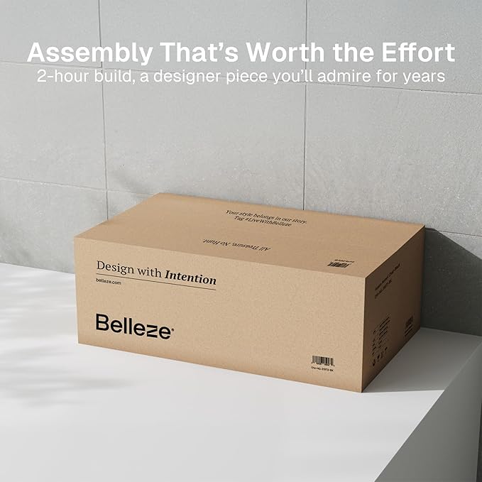 BELLEZE Set of 3 Modular Sideboard Buffet Cabinet with Storage,105'' Modern Credenza with Adjustable Shelves, Fluted Black Console Table with Faux Marble Panel for Kitchen, Entryway, Dining Room