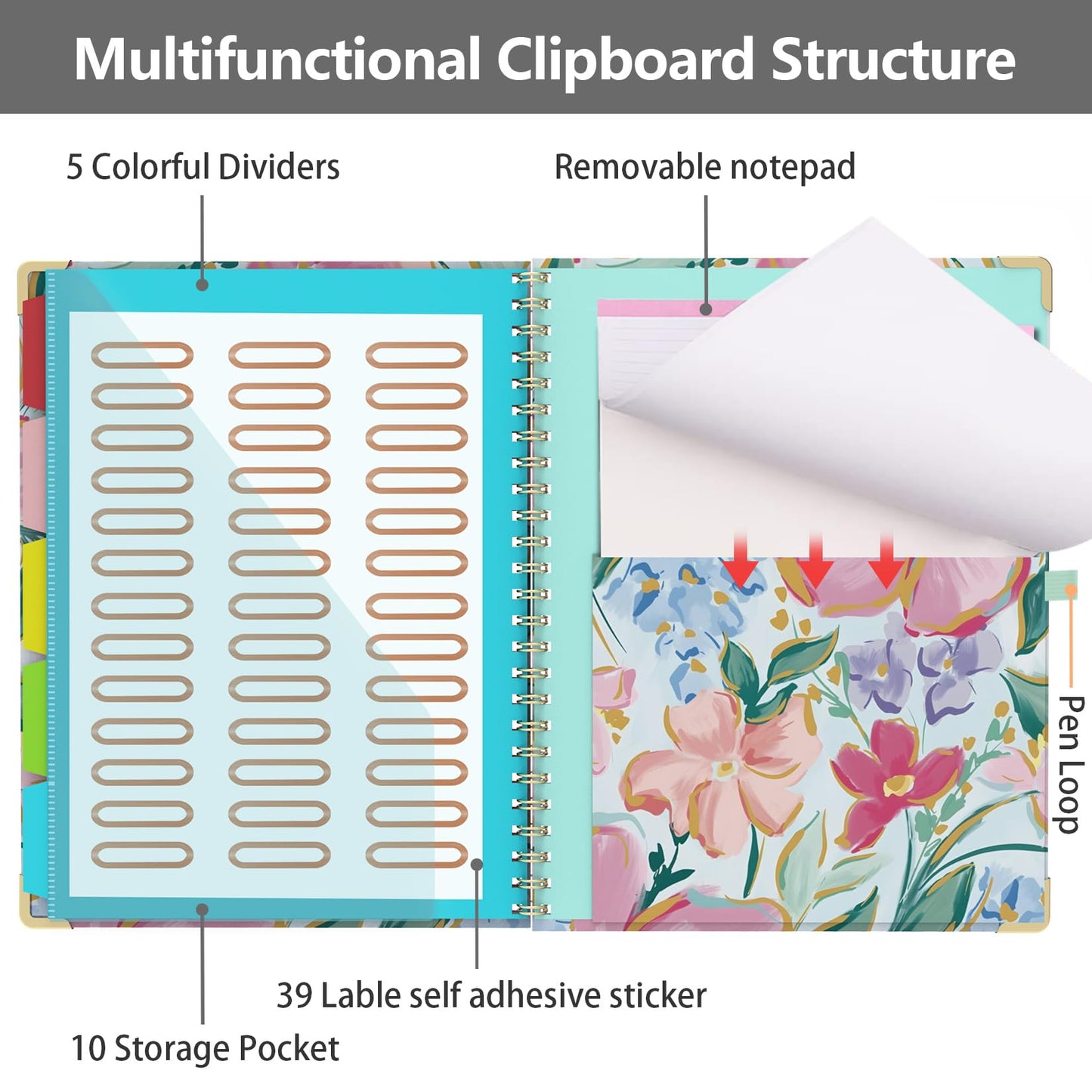 Clipboard Folio with Storage 8.5 X 11 Padfolio Notebook, Clipboards with Notepad Spiral with 10 Pockets and 5 Folders Nursing Teacher School Essentials (Pink Floral)