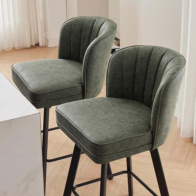 Swivel Counter Height Bar Stools Set of 4, 26'' Modern Barstools with Backs and Metal Legs, Upholstered Bar Chairs, Faux Leather Green Stools for Kitchen Island Chairs