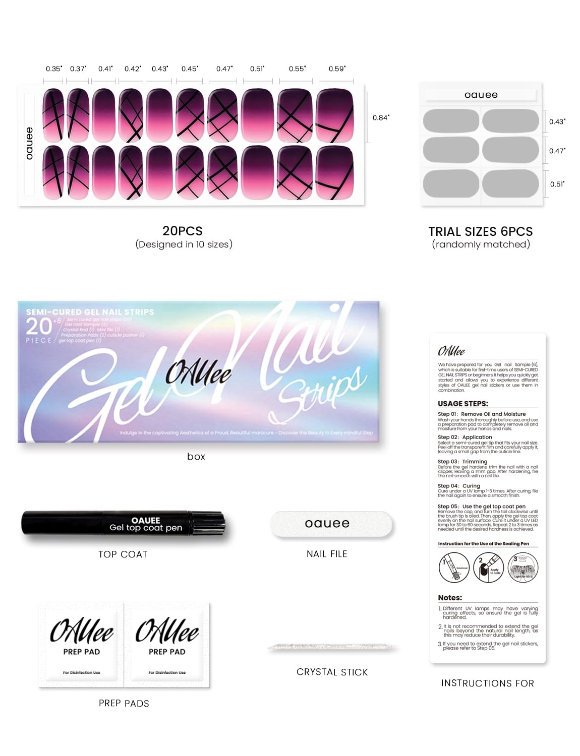 Oauee Semi Cured Gel Nail Strips | Built-In Gel Top Coat | UV Light Required | Salon Quality, Easy Application And Removal (Ethereal Purple Grid）