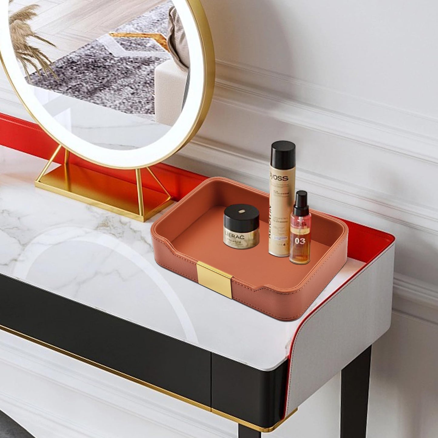 RHCSZ Luxury Leather Valet Tray Desktop Storage Organizer,Bedside Vanity Catchall Tray Nightstand Caddy Holder for Cosmetic,Jewelry,Watch,Keys,Phone,Wallet,Remote Controller,Pen,Orange