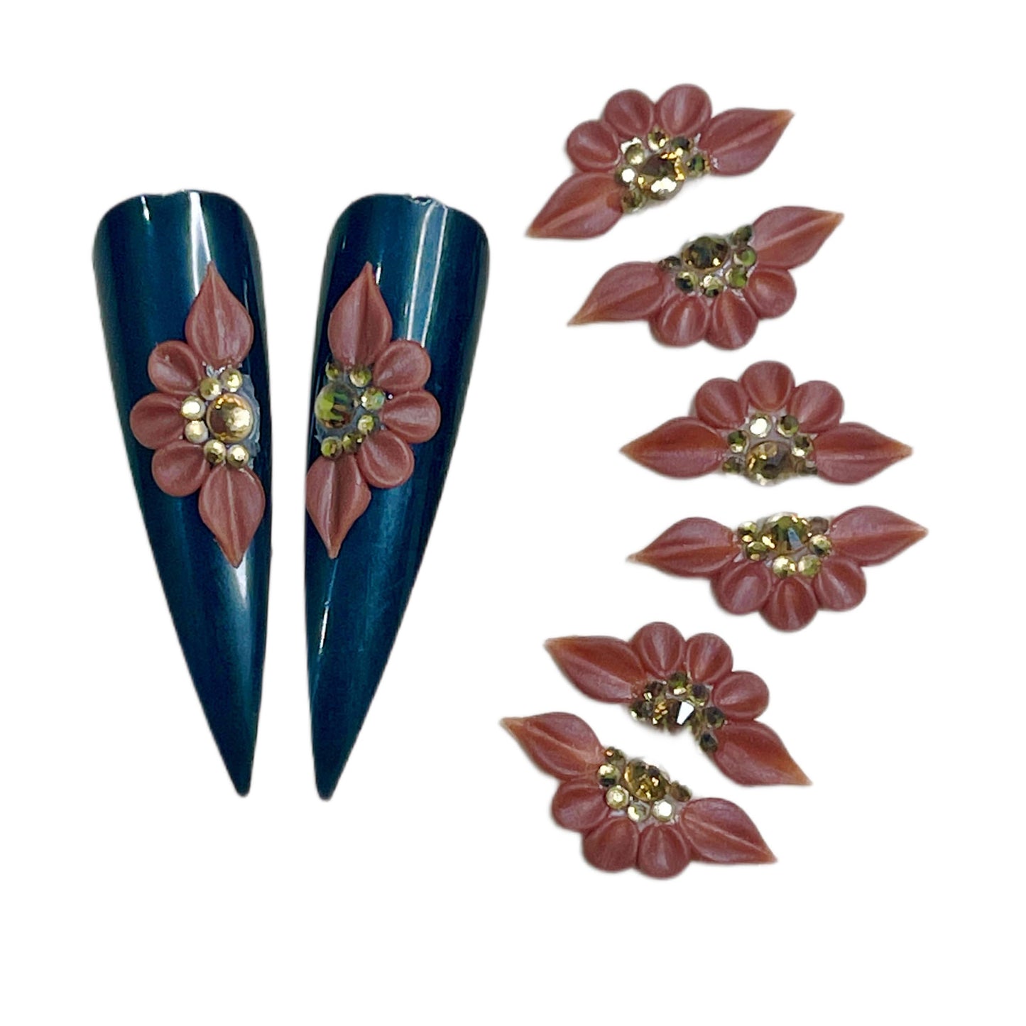 Set 8Pcs 3D Flowers Nails Charms With Rhinestone Gems Handmade by Acrylic Powder Design For Long Nail L,XL,XXL Flower Nail Art Floral Salon Decor Women Girls (Dark Brown -8Pcs)
