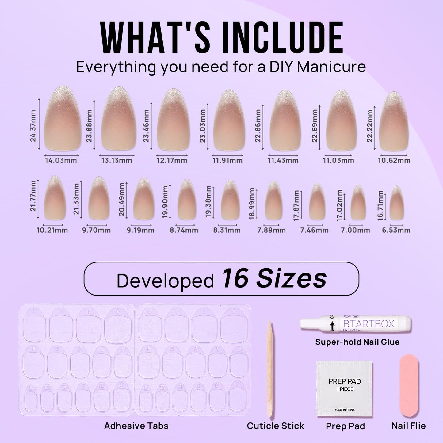 BTArtbox Press On Nails Almond - Medium Cat Eye French Tip Nails with Glue for Daily Nail Art, Fake Nail Extensions In 16 Sizes - 32 Nail Kit, Liquid Radiance