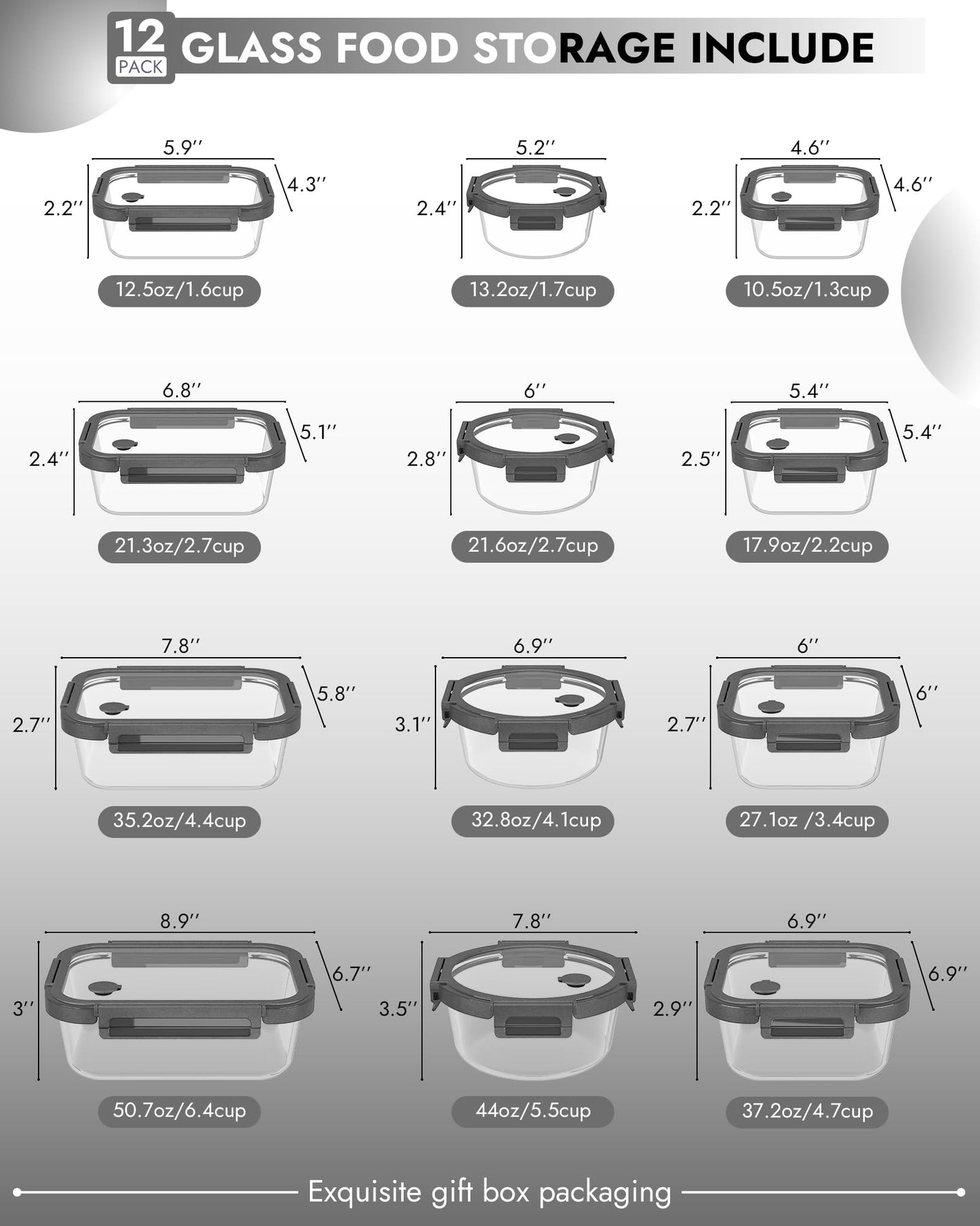 BOROHOUSE 12-Pack Glass Containers with Tempered Lids – Borosilicate, Oven-Safe(-4°F~950°F), Airtight, BPA-Free, Multi-Size for Meal Prep, Dishwasher Safe (Gray)