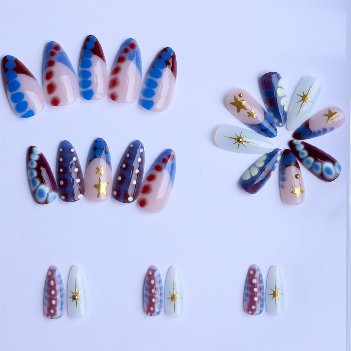 octoswave Press on Nails Long Almond Fake Nails Gold Stars Artificial Nail Glossy Spot Stick on Nail for Women 24pcs