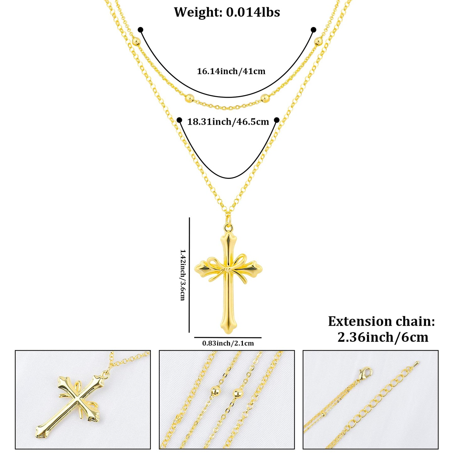 NEKOL Cross Layering Necklace for Women, Elegant Fleur-de-Lis Cross Pendant with Ribbon Bow, Retro Chain for Daily Occasions