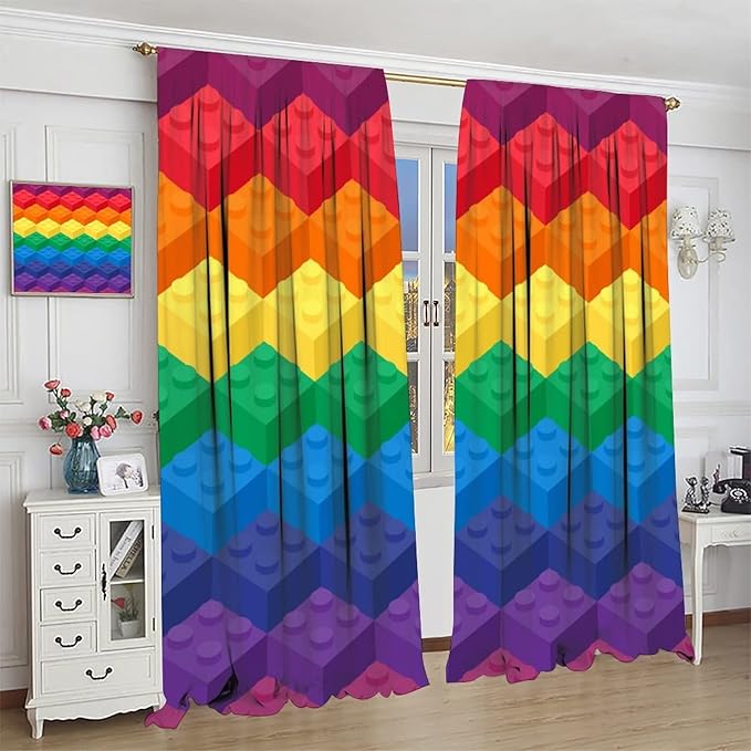 Colorful Building Blocks Cartoon Toy Printed Curtains, Bedroom, Living Room, Architecture, Curtains, Fun Brick 3D Design Curtains, Children's Living Room, Window Treatment Panels 2 Panels 42x63in
