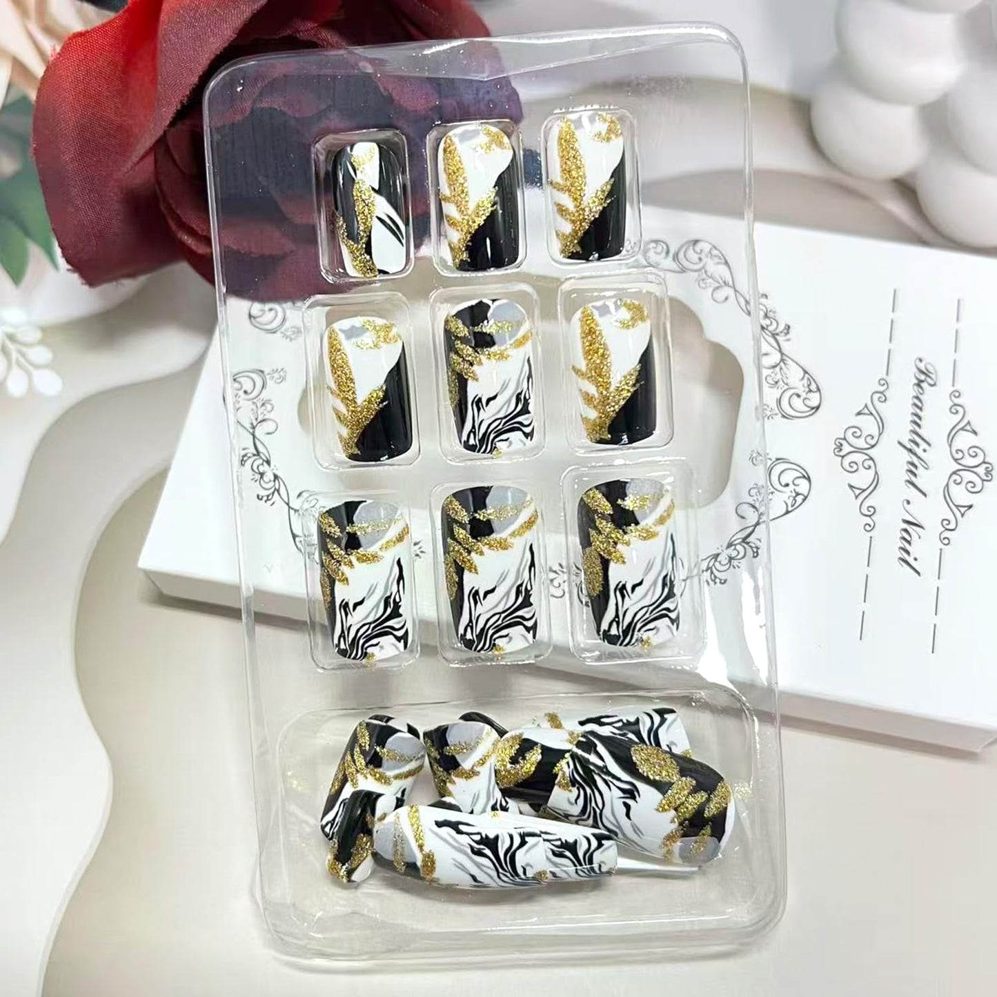 Vopintpy Black and White Marble Press on Nails Medium Square Fake Nails with Design Glossy Acrylic Glue on Nail Reusable Full Cover Artificial Stick on Nail for Women DIY Manicure