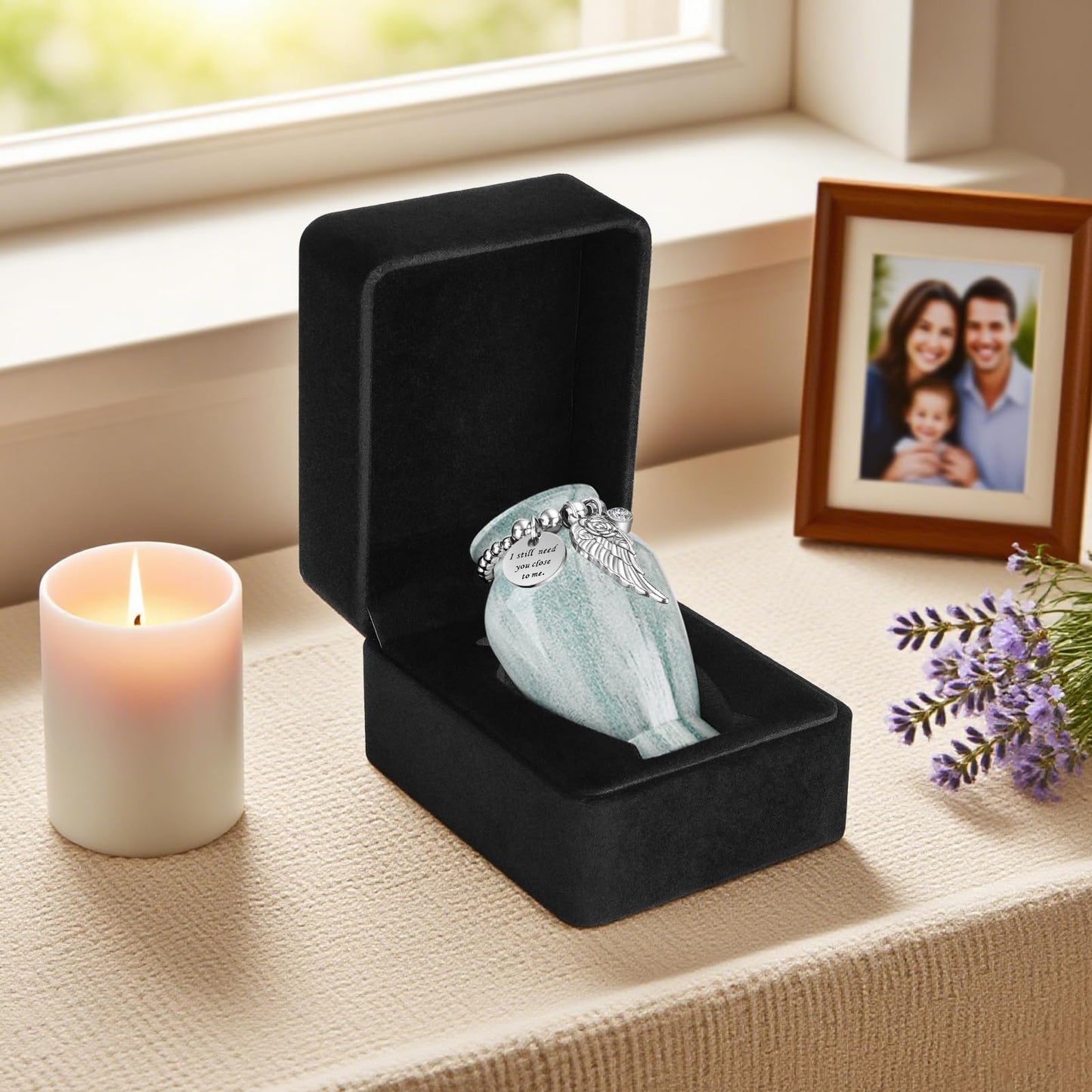 Dletay Small Urns for Human Ashes Keepsake with Box 2.85 Inch Memorial Mini Cremation Urn for Women Men Aluminum Decorative Funeral Urns Case- Lake Green